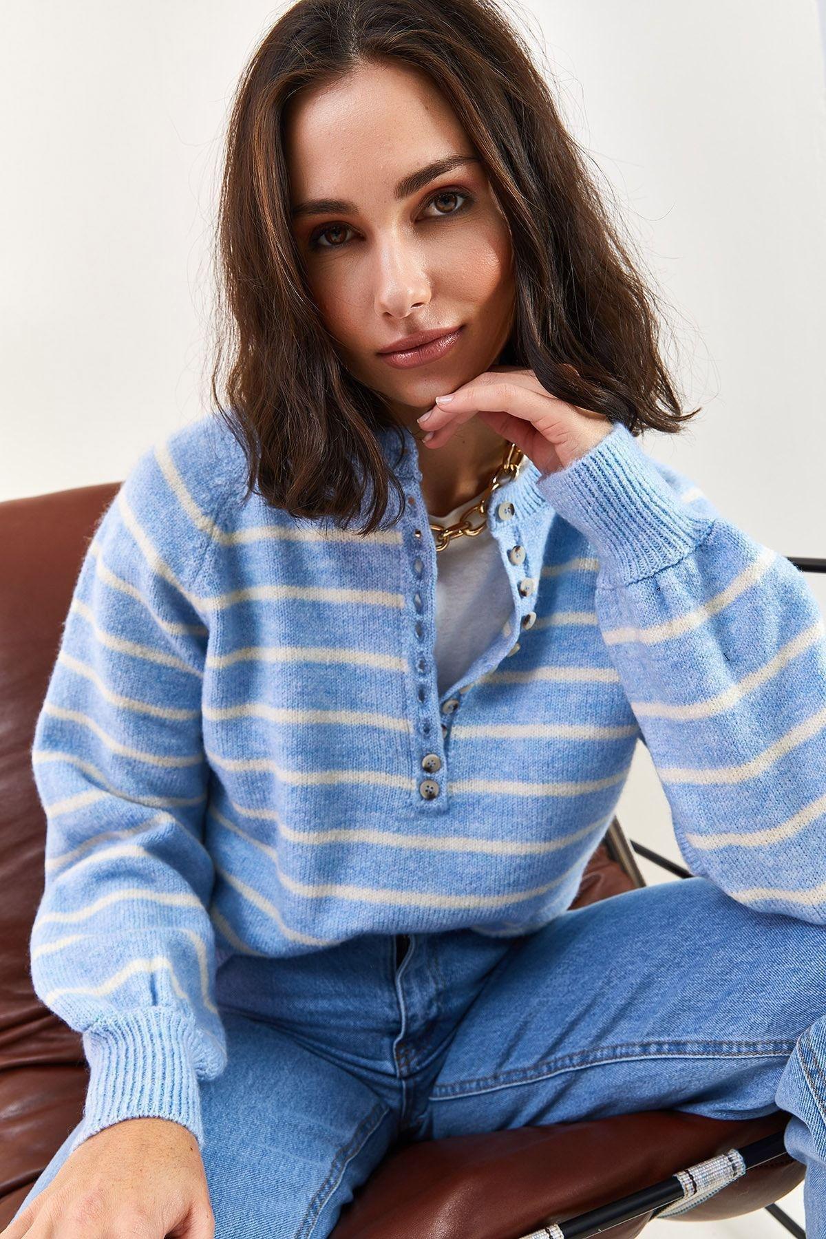 Blue Collared Turtleneck Striped Knitted Sweater, BABY BLUE, large image number 4