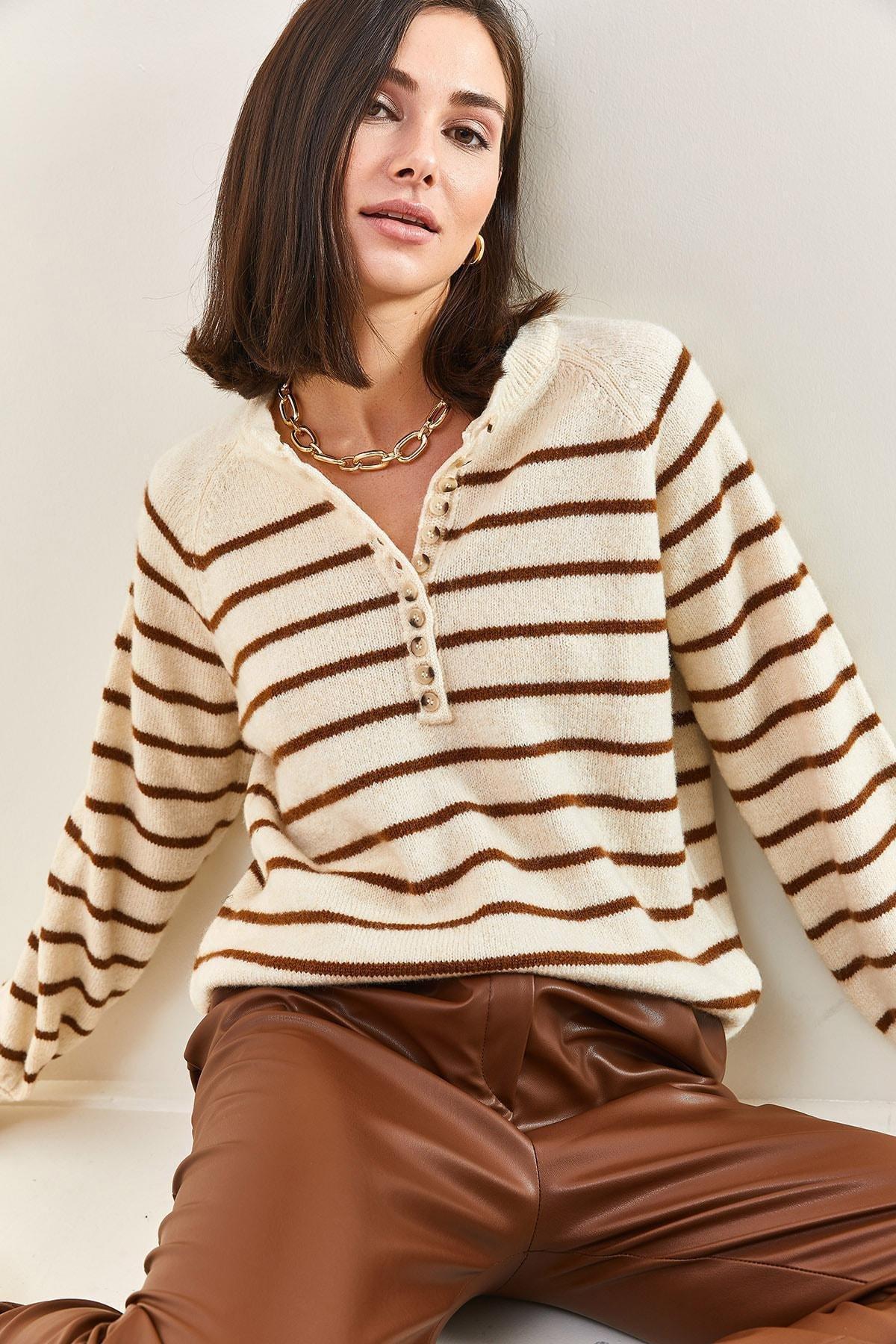 Beige Turtleneck Striped Knitted Sweater, BEIGE-BROWN, large image number 0