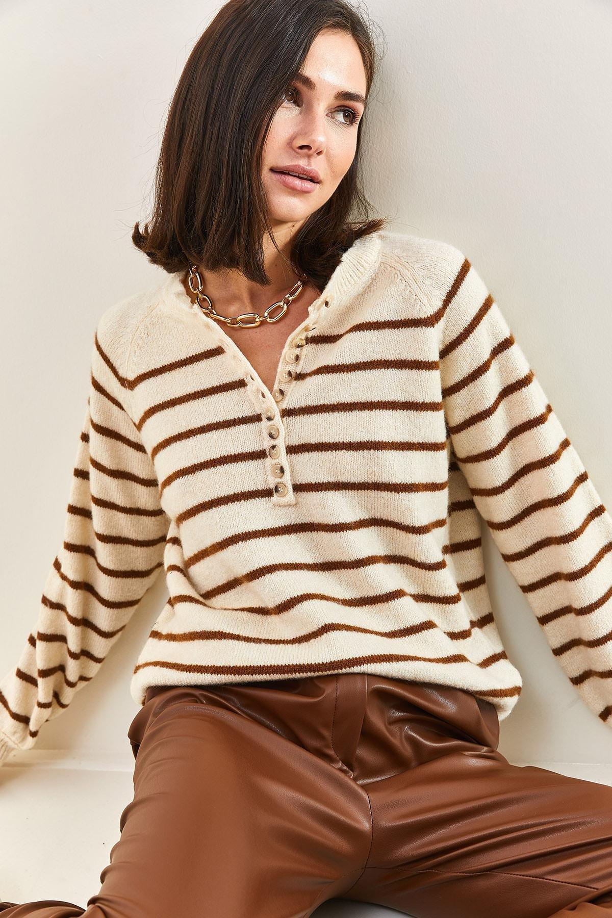 Beige Turtleneck Striped Knitted Sweater, BEIGE-BROWN, large image number 1
