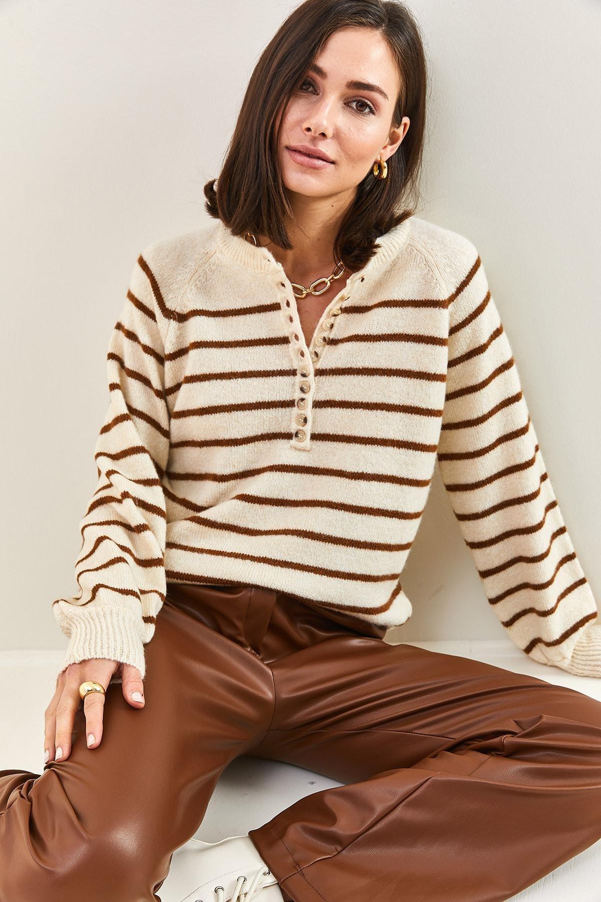 Beige Turtleneck Striped Knitted Sweater, BEIGE-BROWN, large image number 5