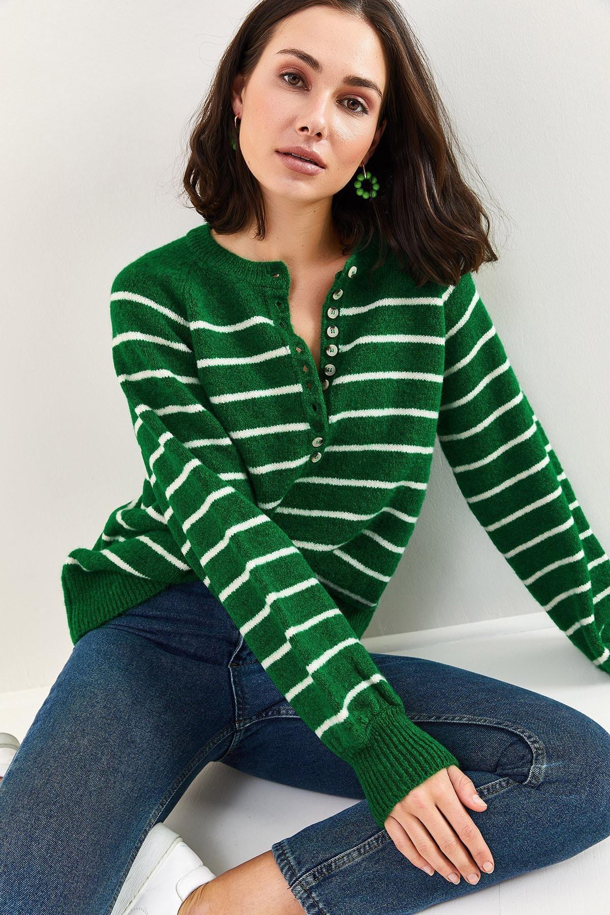 Green Turtleneck Striped Knitted Sweater, Green, large image number 0