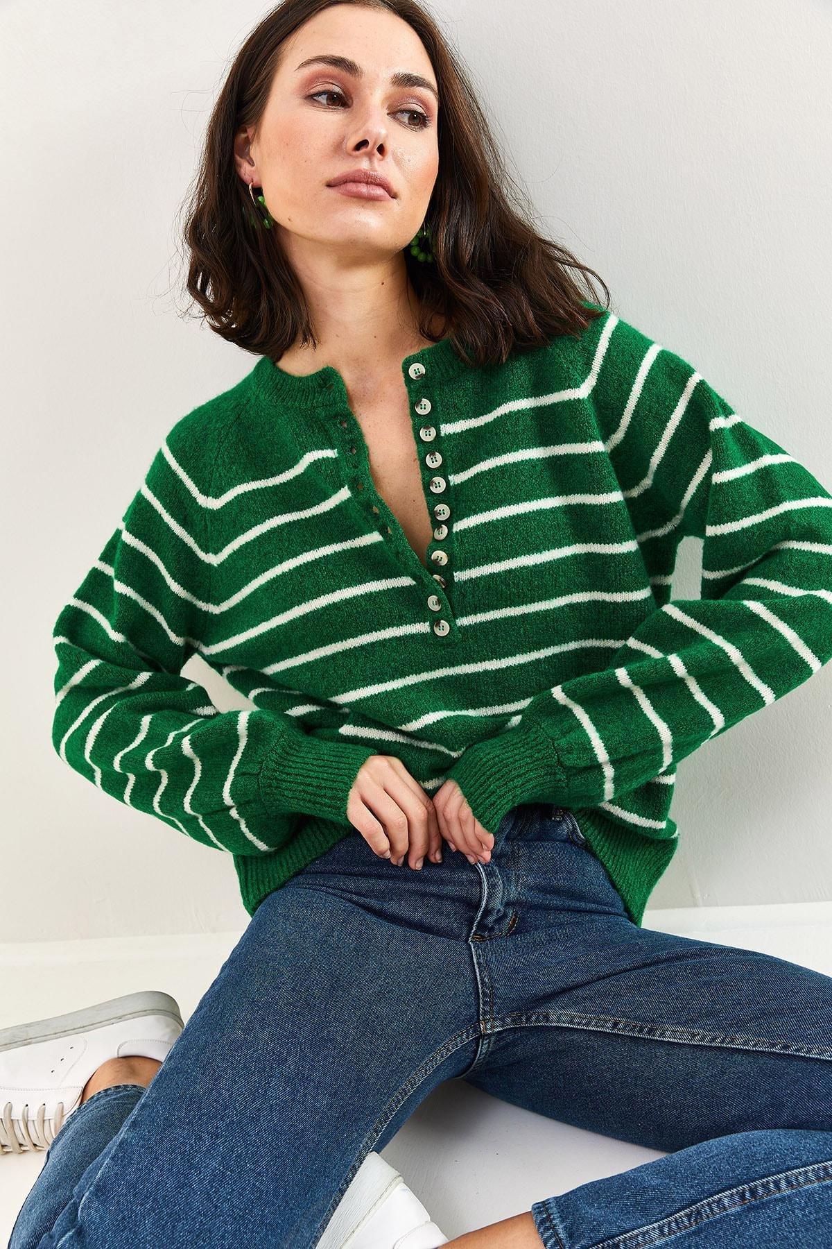 Green Turtleneck Striped Knitted Sweater, Green, large image number 1