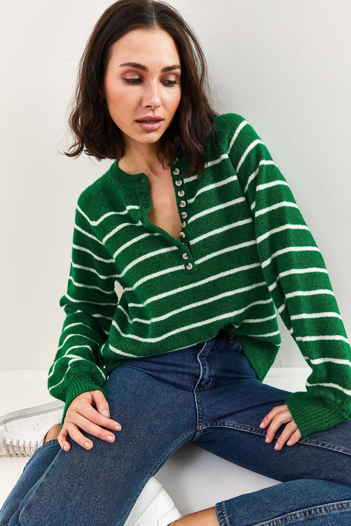 Green Turtleneck Striped Knitted Sweater, Green, large image number 4