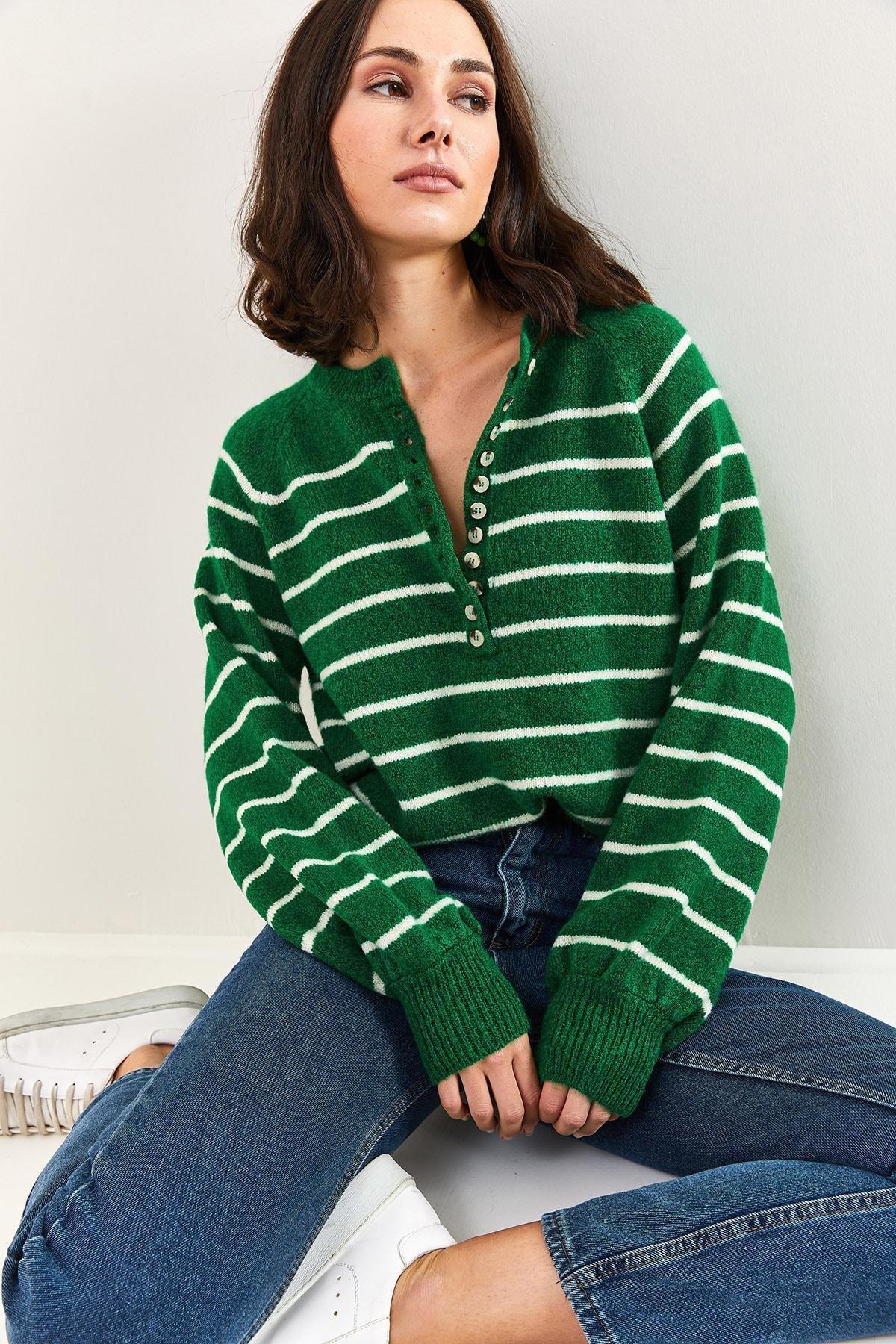 Green Turtleneck Striped Knitted Sweater, Green, large image number 5