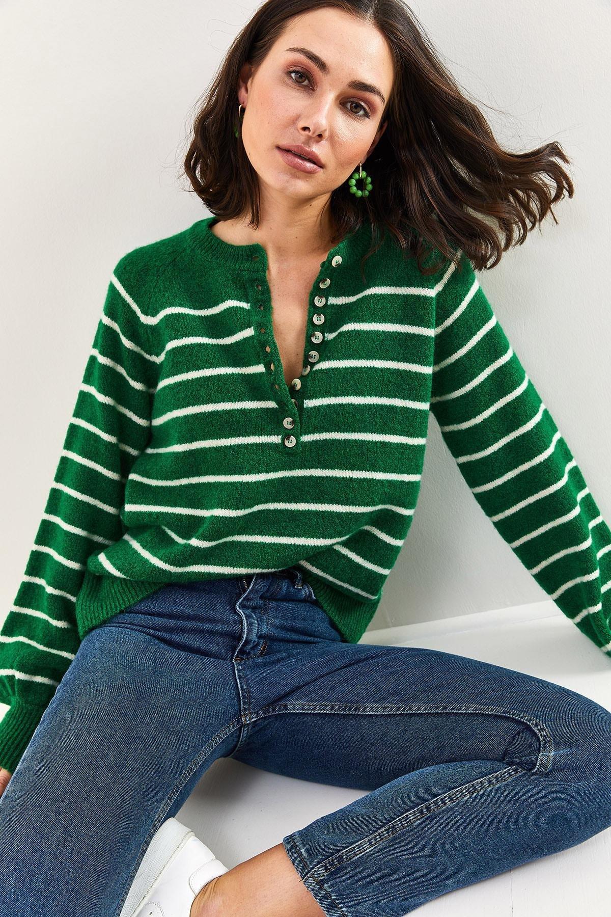 Green Turtleneck Striped Knitted Sweater, Green, large image number 6