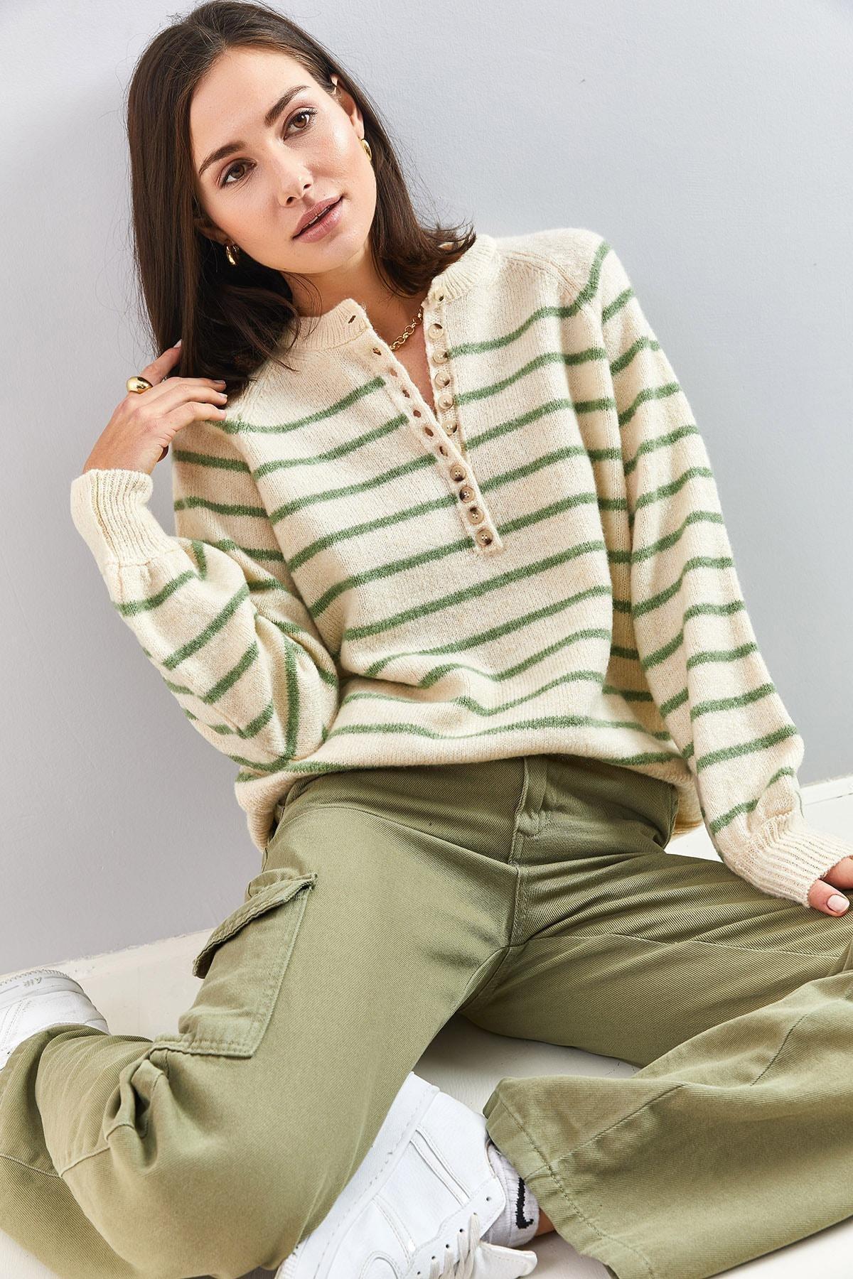 Beige Turtleneck Striped Knitted Sweater, C101_4866, large image number 0