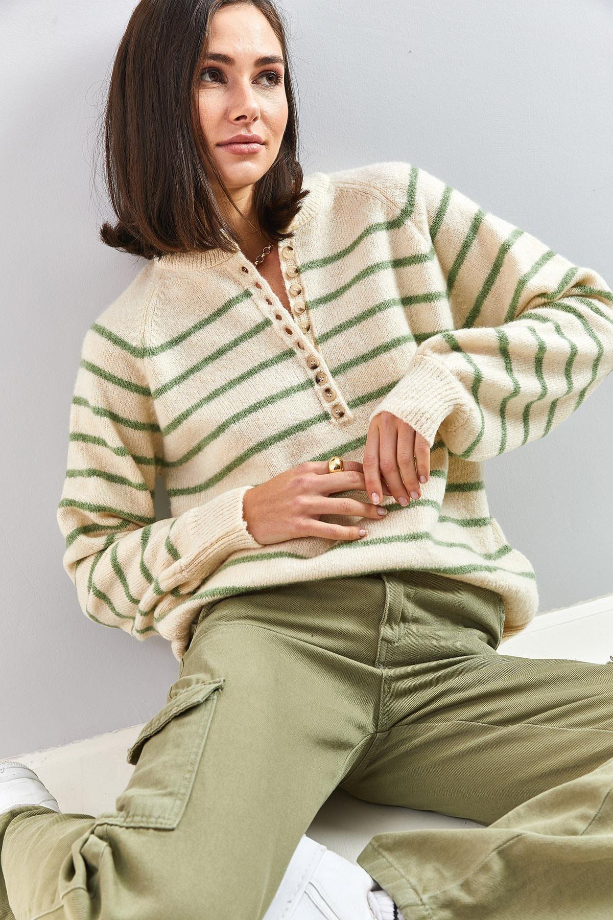 Beige Turtleneck Striped Knitted Sweater, C101_4866, large image number 1