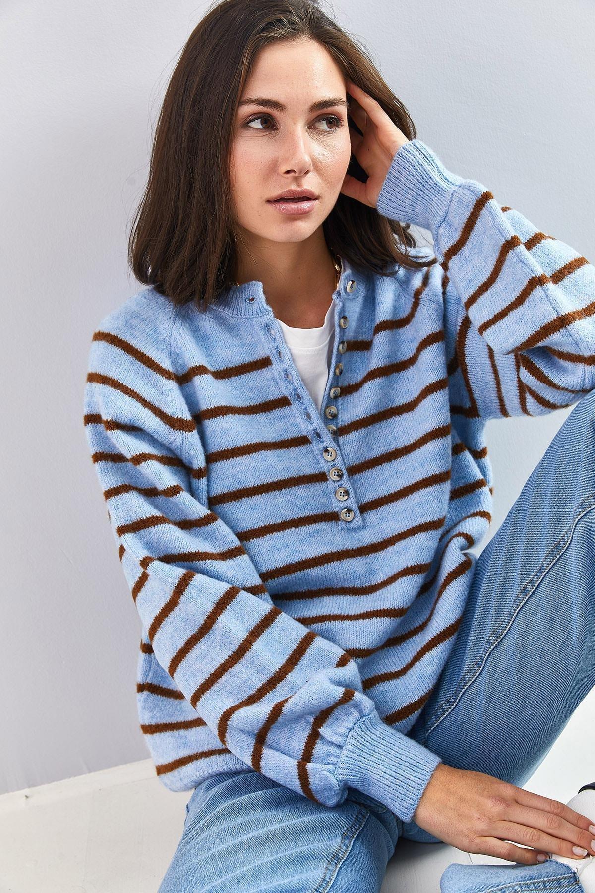 Blue Turtleneck Striped Knitted Sweater, C101_4880, large image number 1