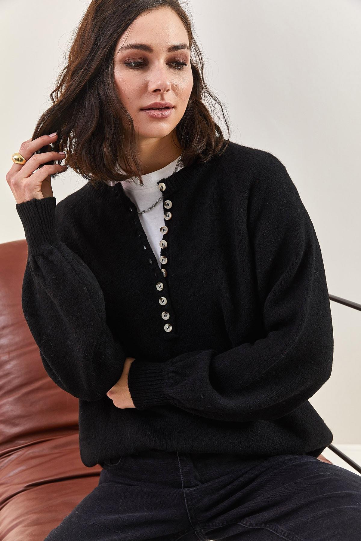 Black Button Down Turtleneck Knitted Sweater, C101_5231, large image number 4