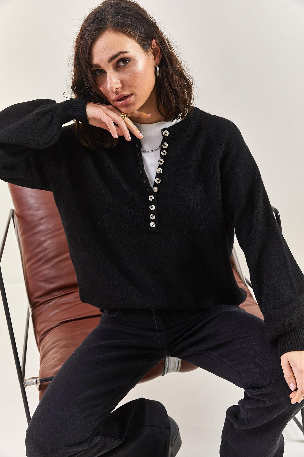 Black Button Down Turtleneck Knitted Sweater, C101_5231, large image number 6