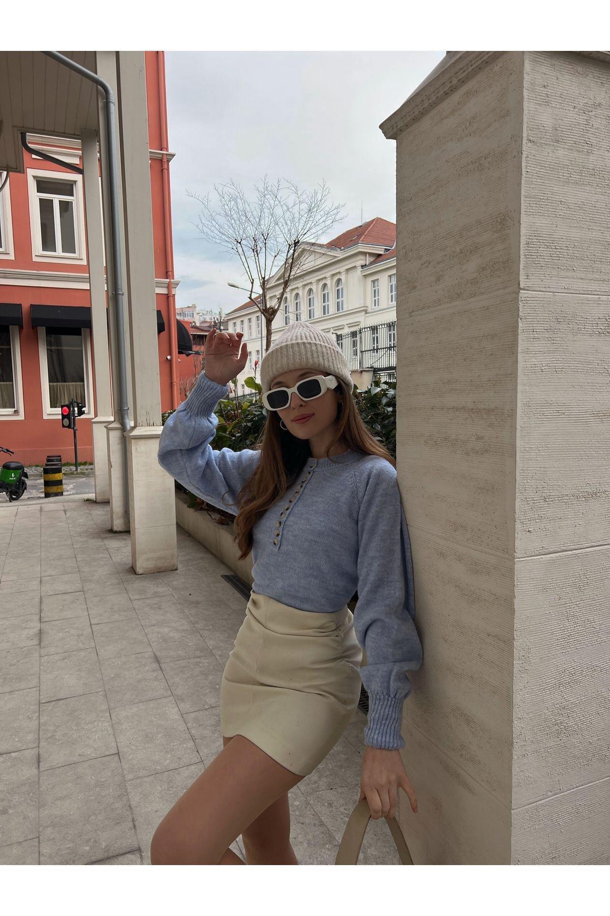 Blue Buttoned Turtleneck Knitted Sweater, SKY BLUE, large image number 0