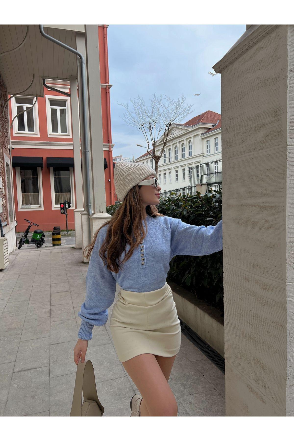 Blue Buttoned Turtleneck Knitted Sweater, SKY BLUE, large image number 1