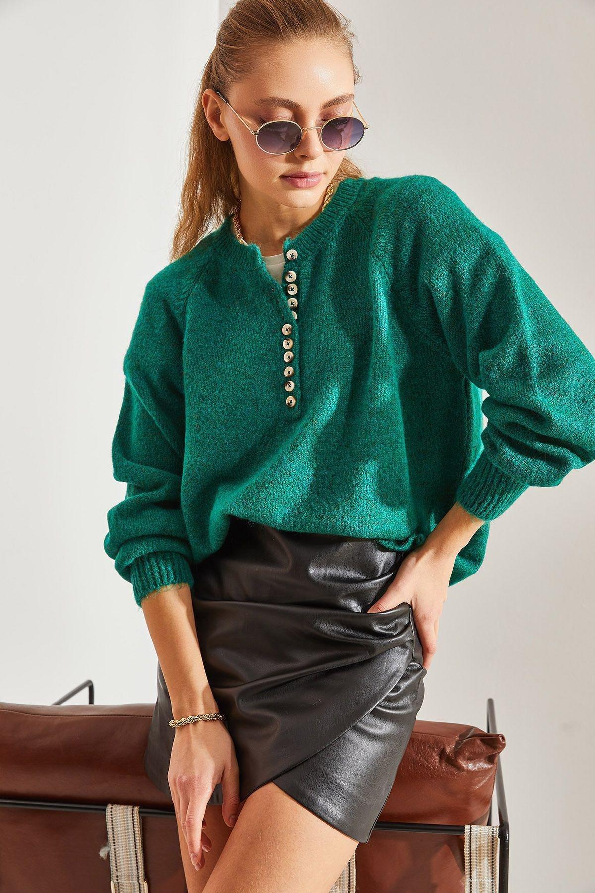 Green Buttoned Collared Turtleneck Striped Sweater, C101_5667, large image number 0