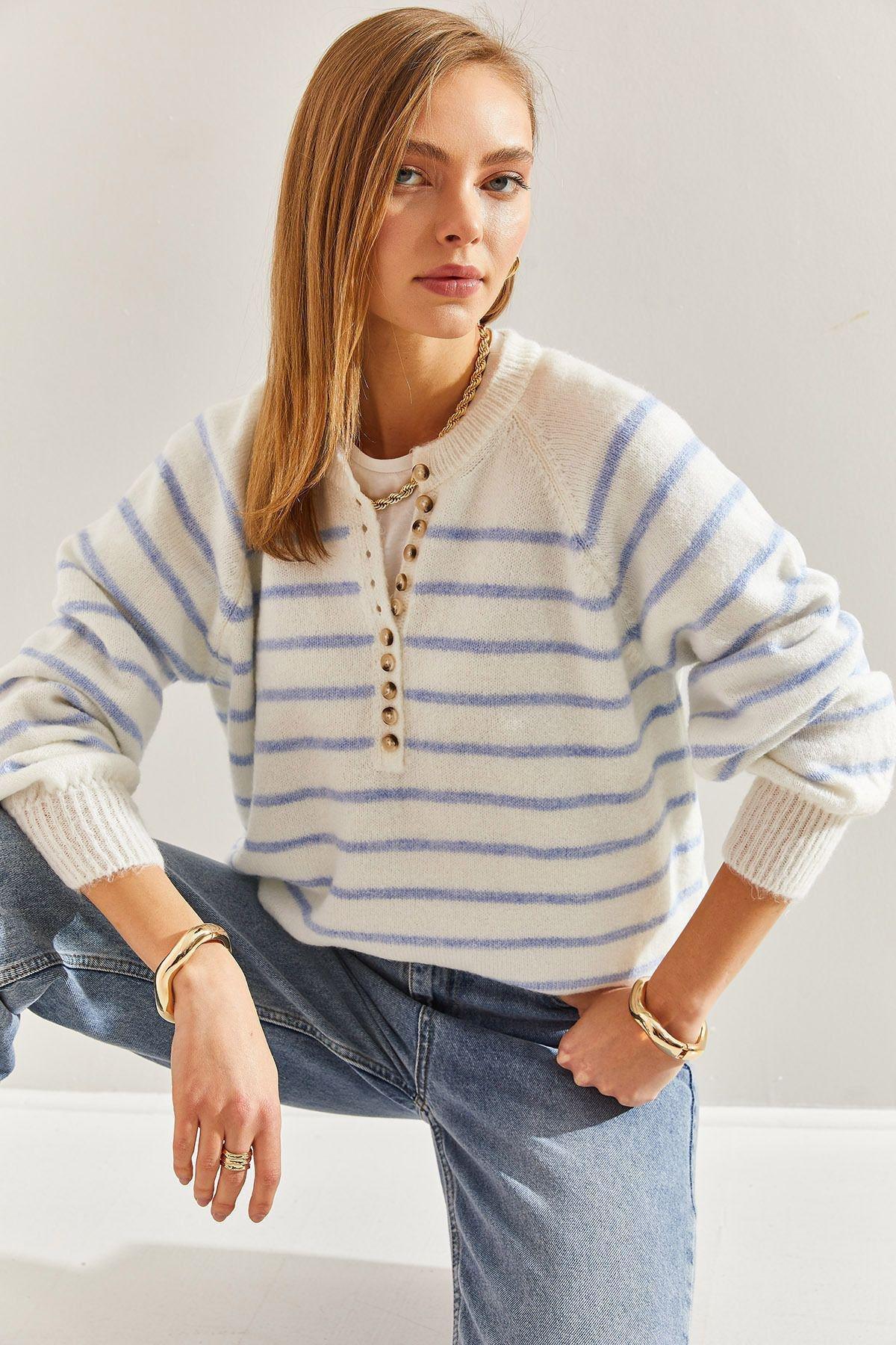 Multicolour Buttoned Collared Turtleneck Striped Sweater, C101_5674, large image number 0