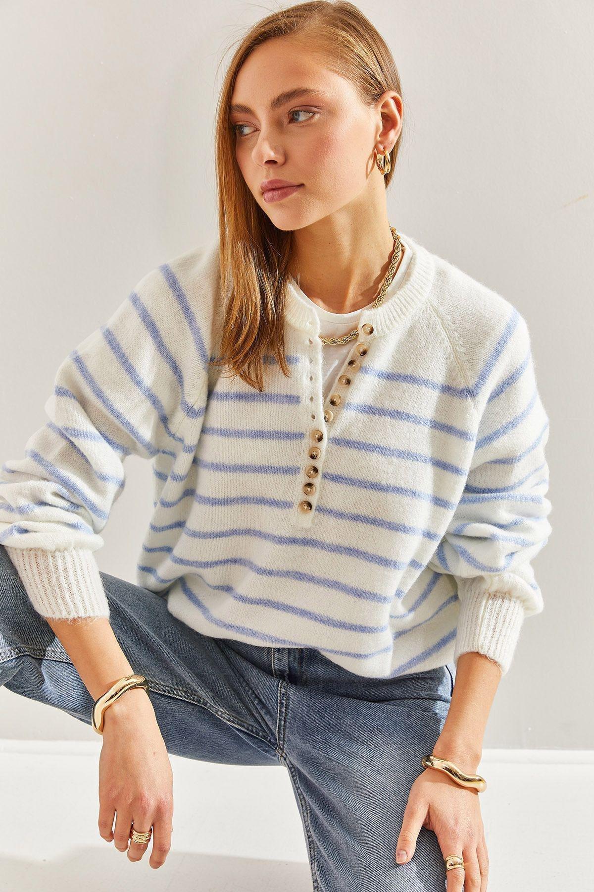 Multicolour Buttoned Collared Turtleneck Striped Sweater, C101_5674, large image number 2