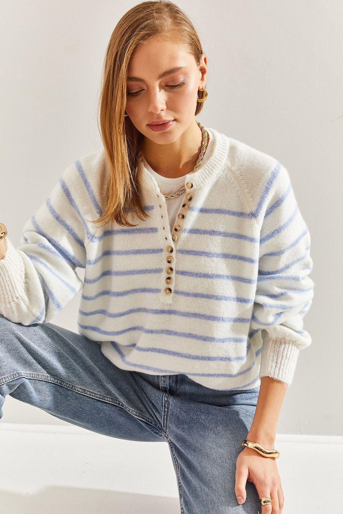 Multicolour Buttoned Collared Turtleneck Striped Sweater, C101_5674, large image number 3