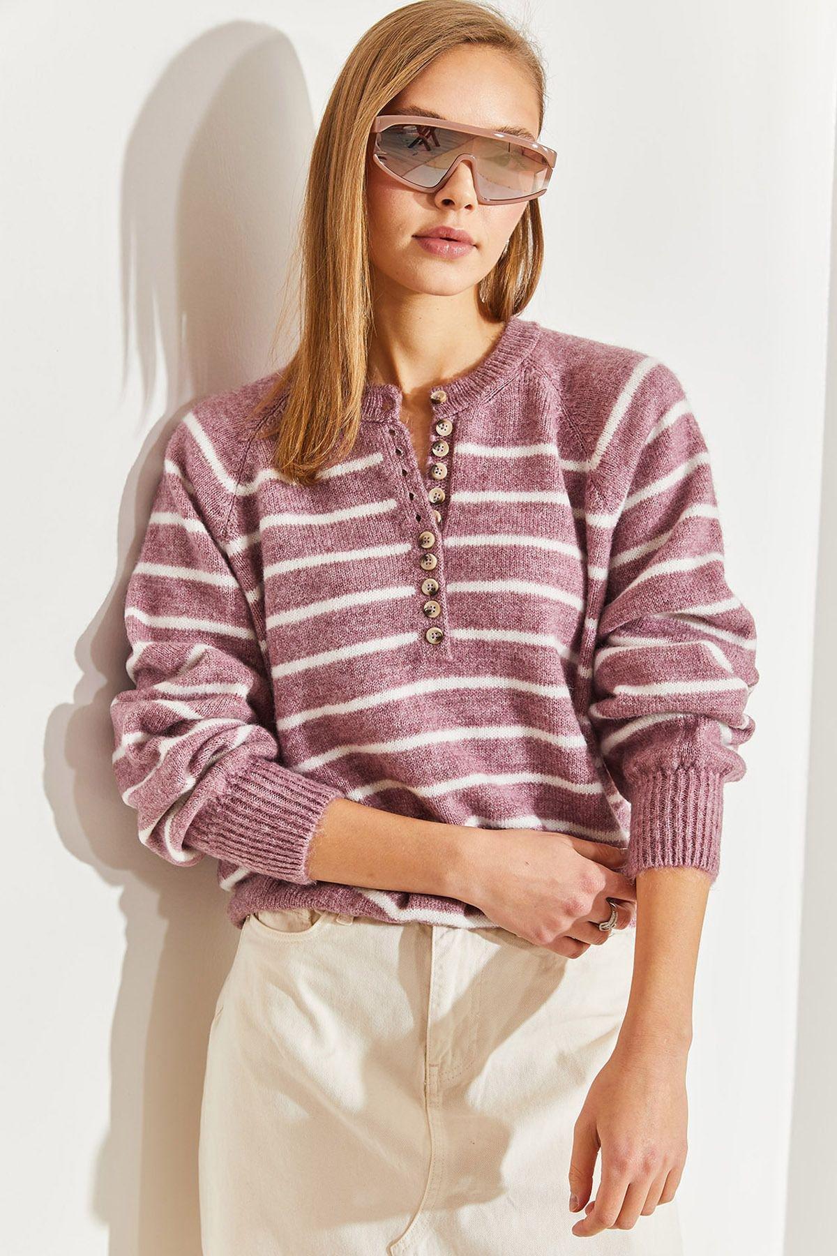 Purple Buttoned Collared Turtleneck Striped Sweater, C101_5688, large image number 0