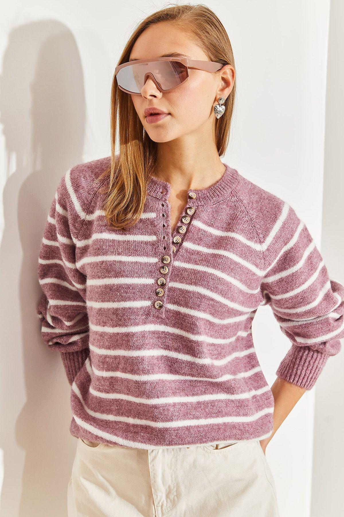 Purple Buttoned Collared Turtleneck Striped Sweater, C101_5688, large image number 3