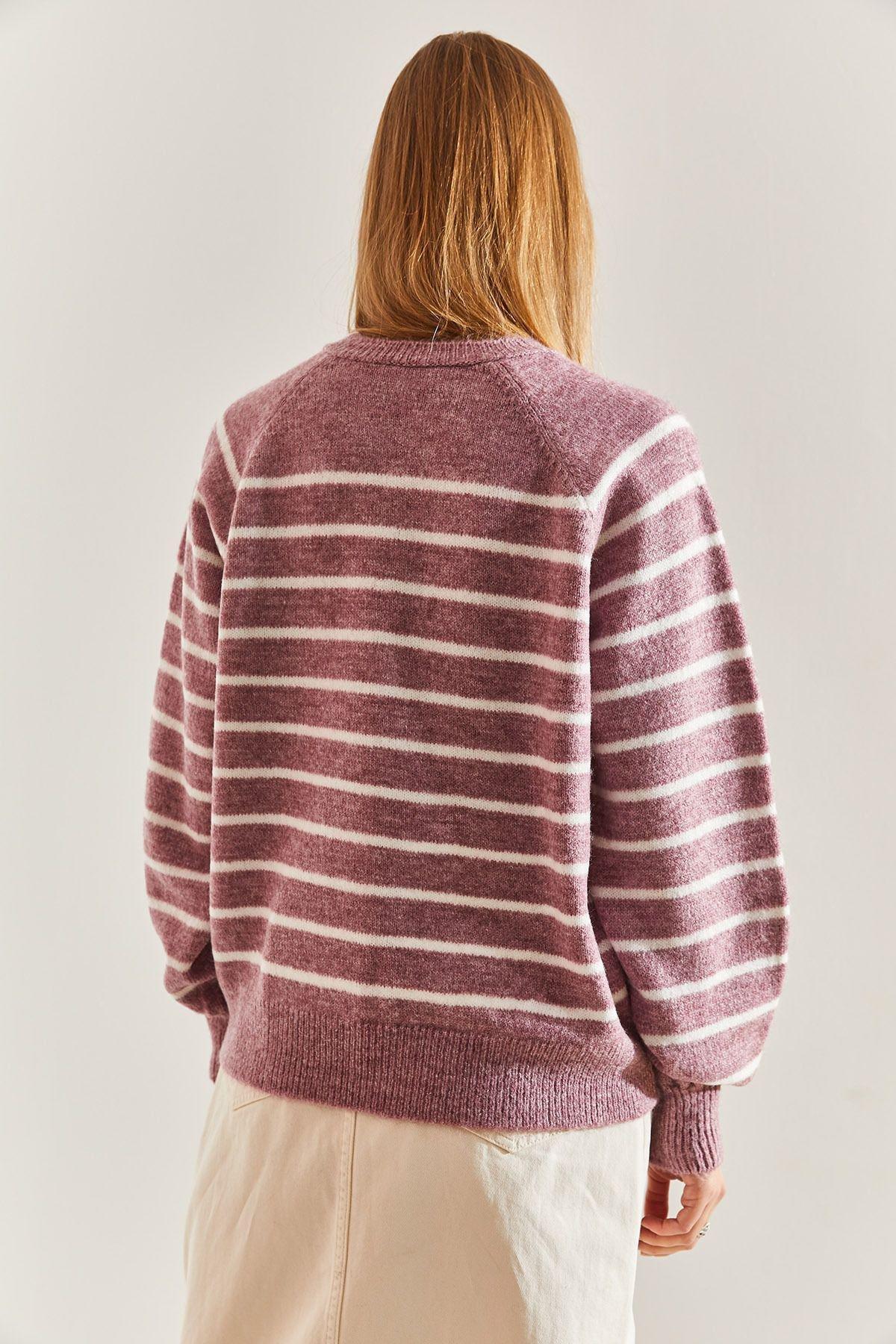 Purple Buttoned Collared Turtleneck Striped Sweater, C101_5688, large image number 4