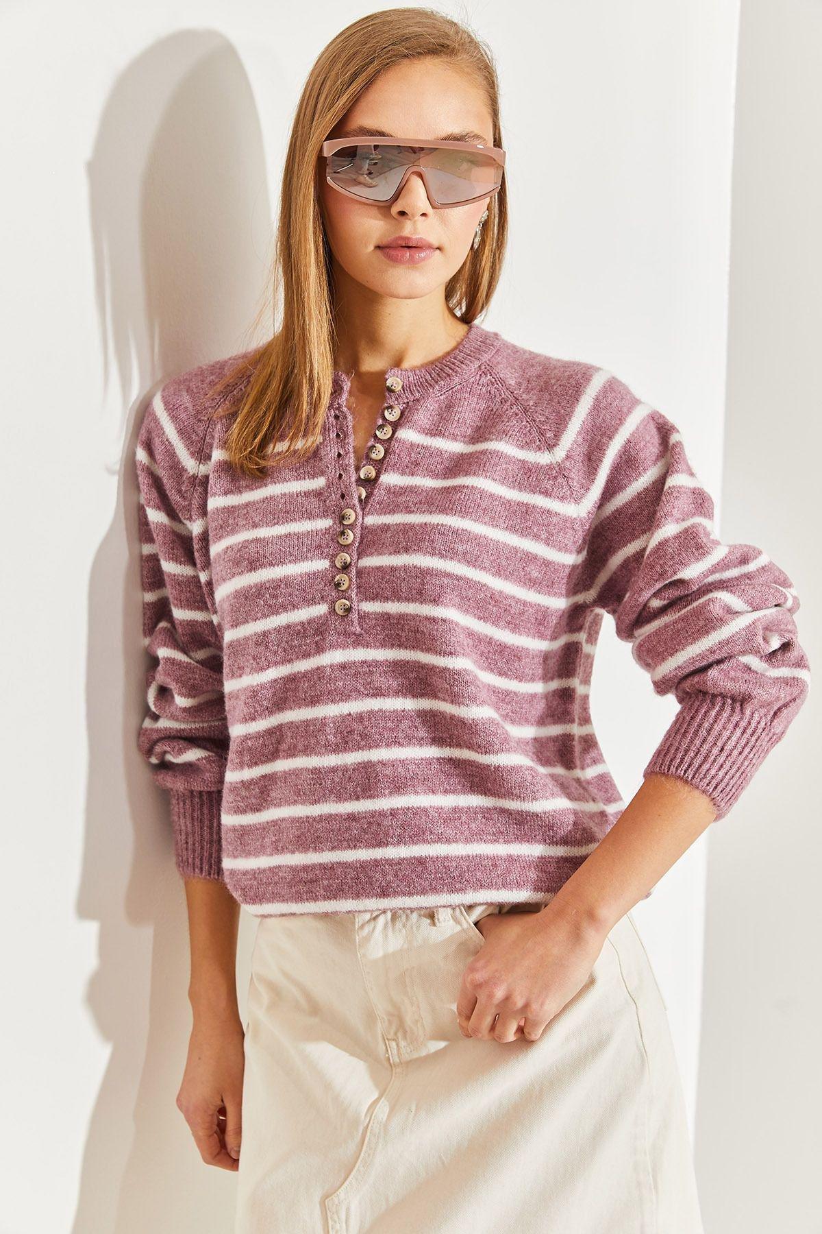 Purple Buttoned Collared Turtleneck Striped Sweater, C101_5688, large image number 5