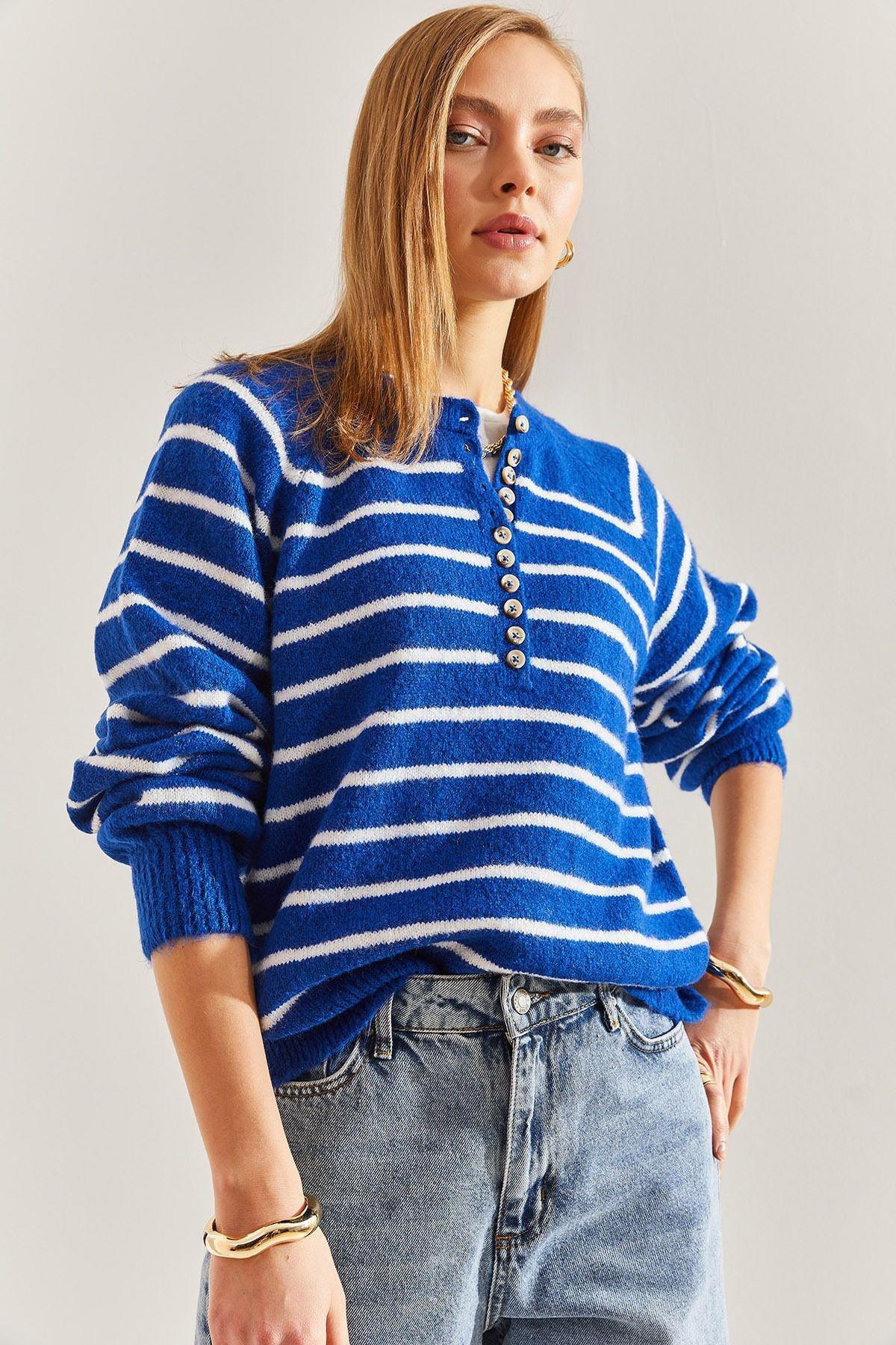 Blue Buttoned Collared Turtleneck Striped Sweater, C101_5692, large image number 0