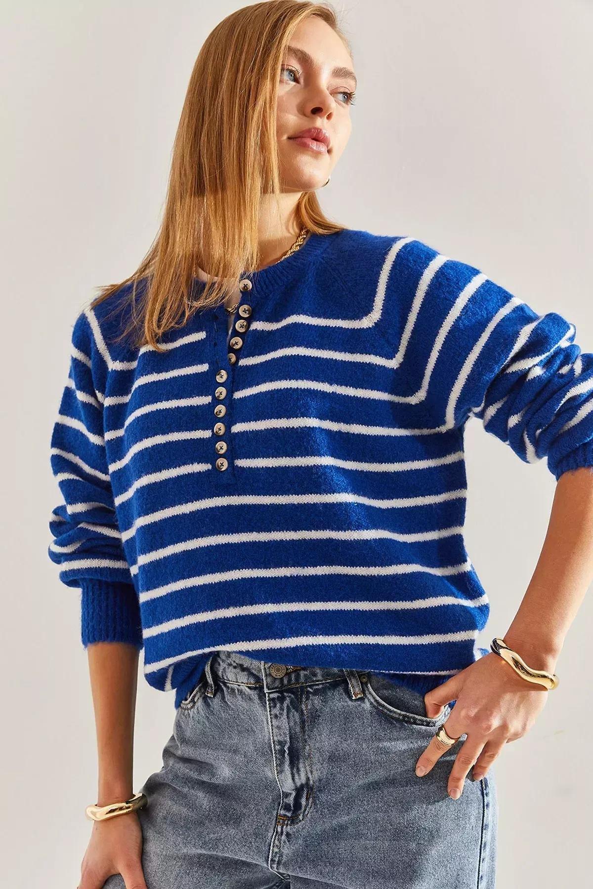 Blue Buttoned Collared Turtleneck Striped Sweater, C101_5692, large image number 1