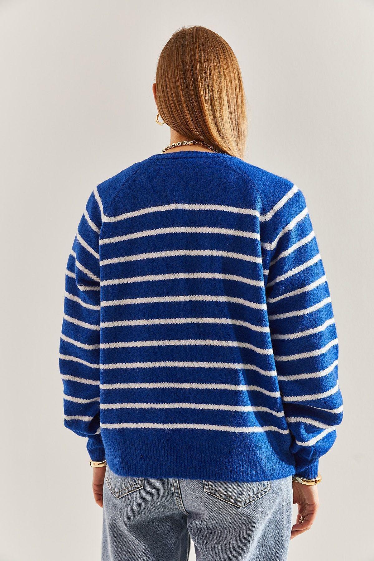 Blue Buttoned Collared Turtleneck Striped Sweater, C101_5692, large image number 2