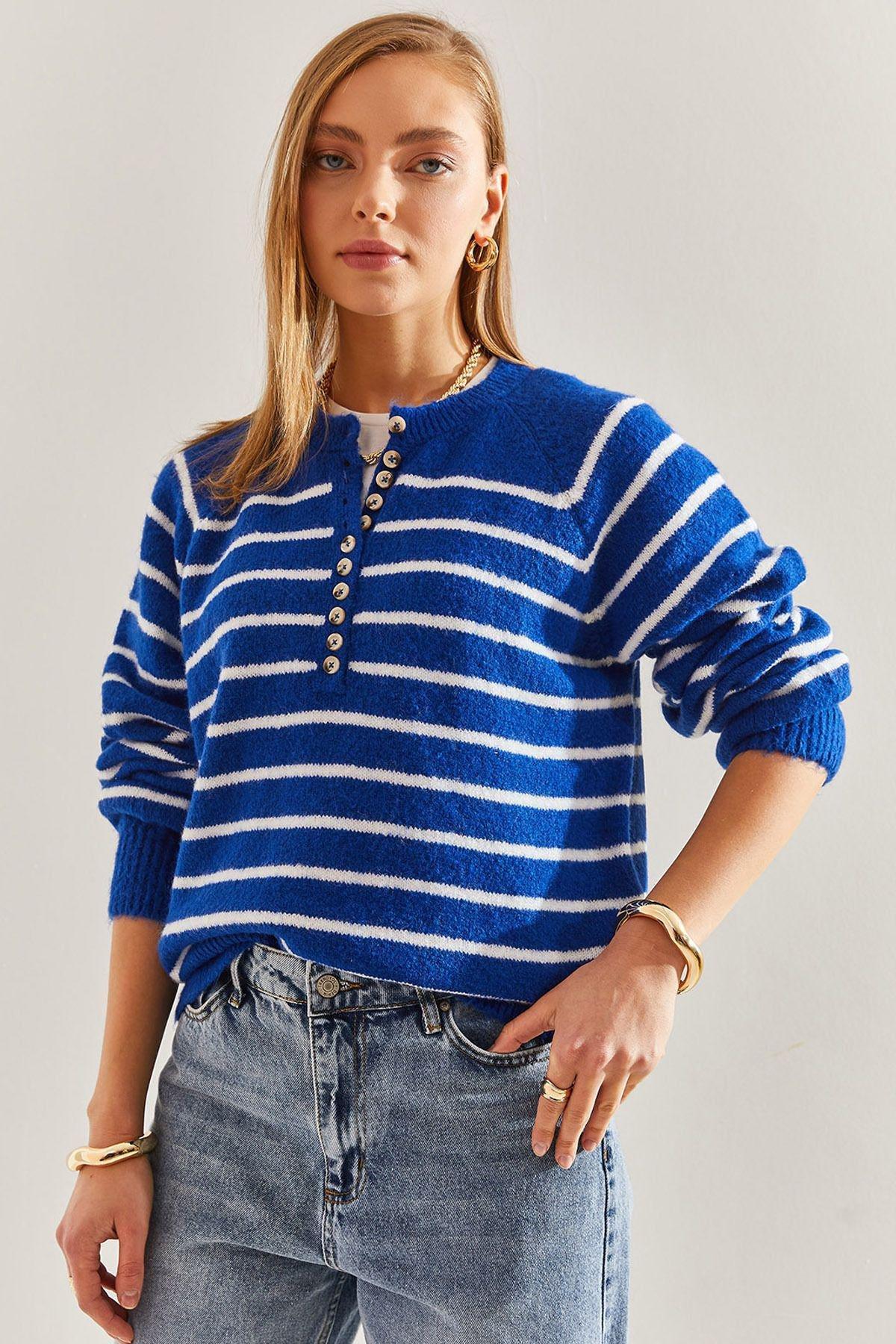Blue Buttoned Collared Turtleneck Striped Sweater, C101_5692, large image number 3