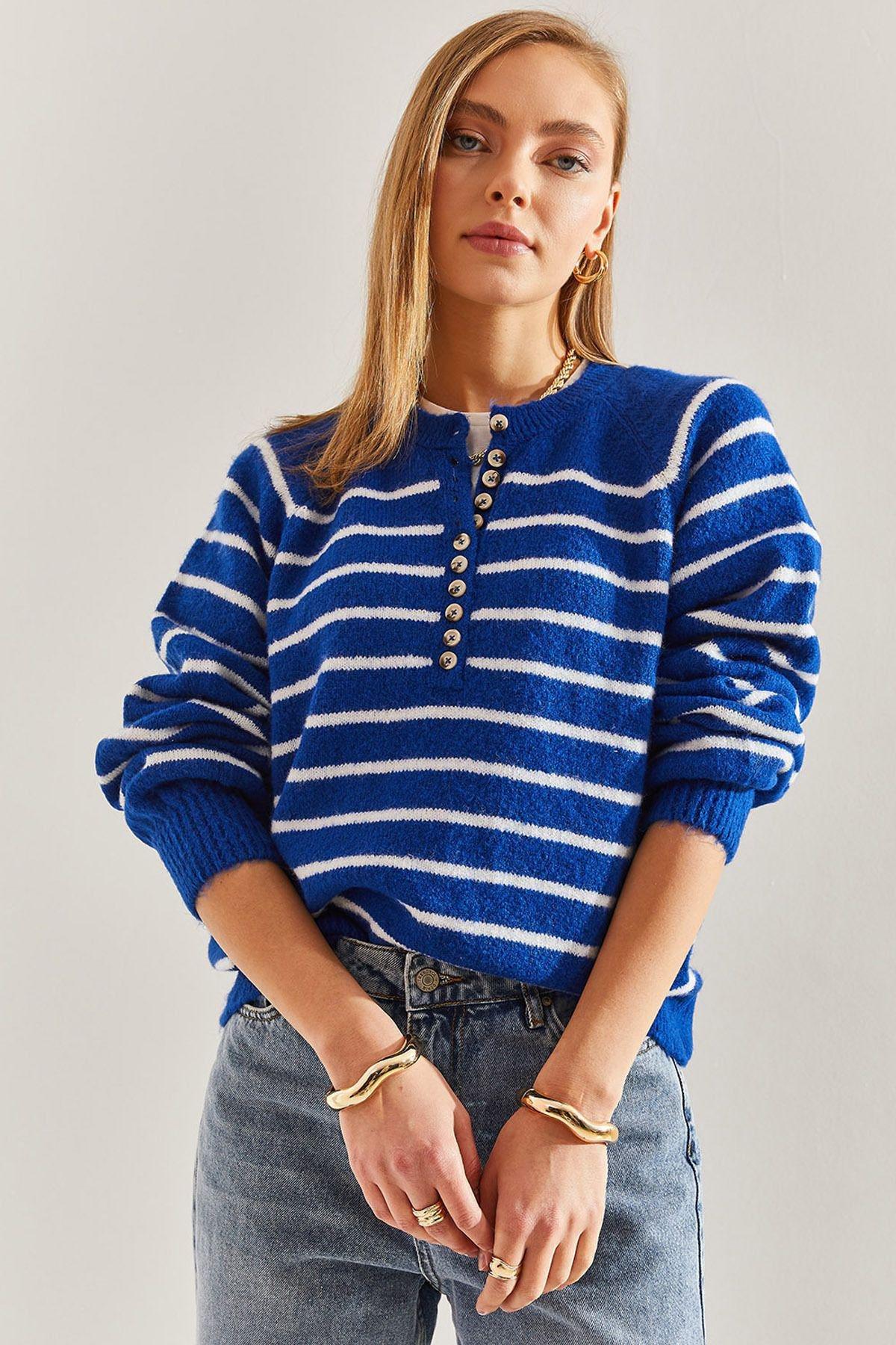 Blue Buttoned Collared Turtleneck Striped Sweater, C101_5692, large image number 4