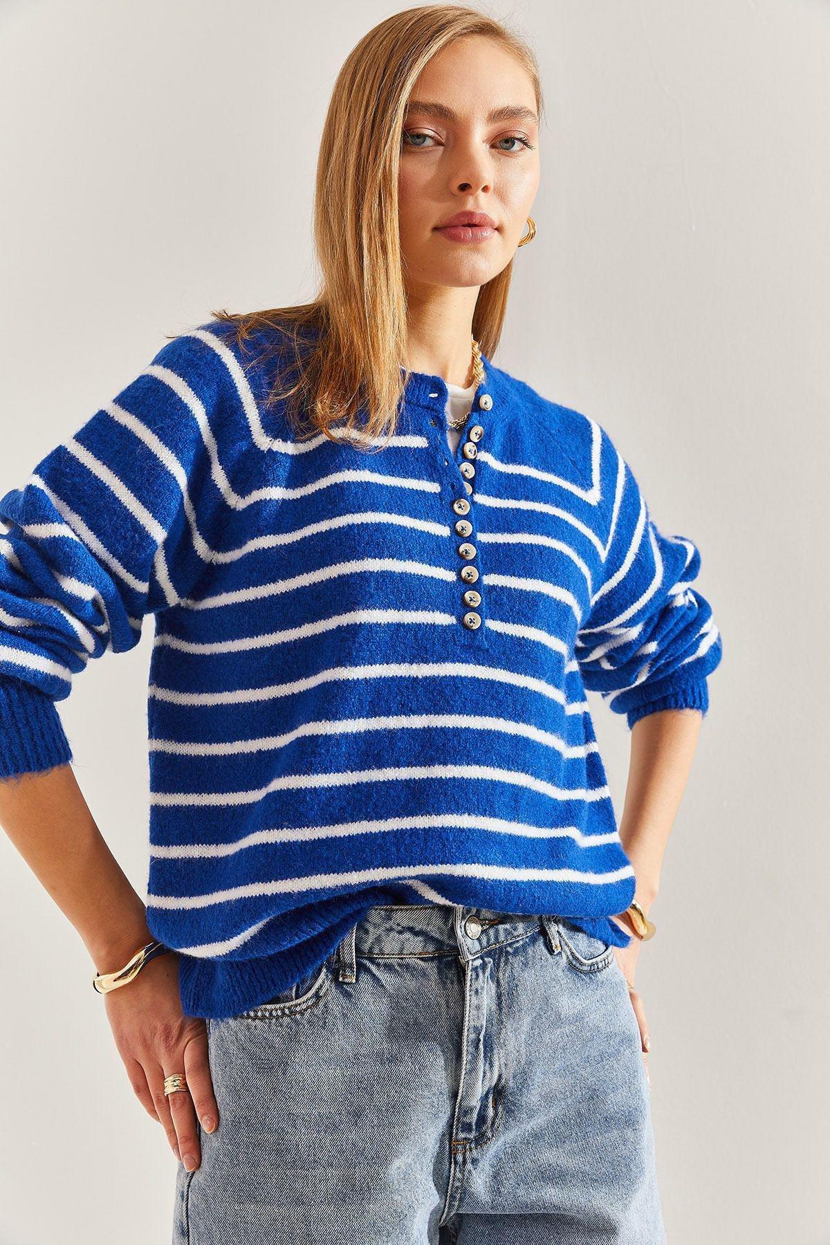 Blue Buttoned Collared Turtleneck Striped Sweater, C101_5692, large image number 5