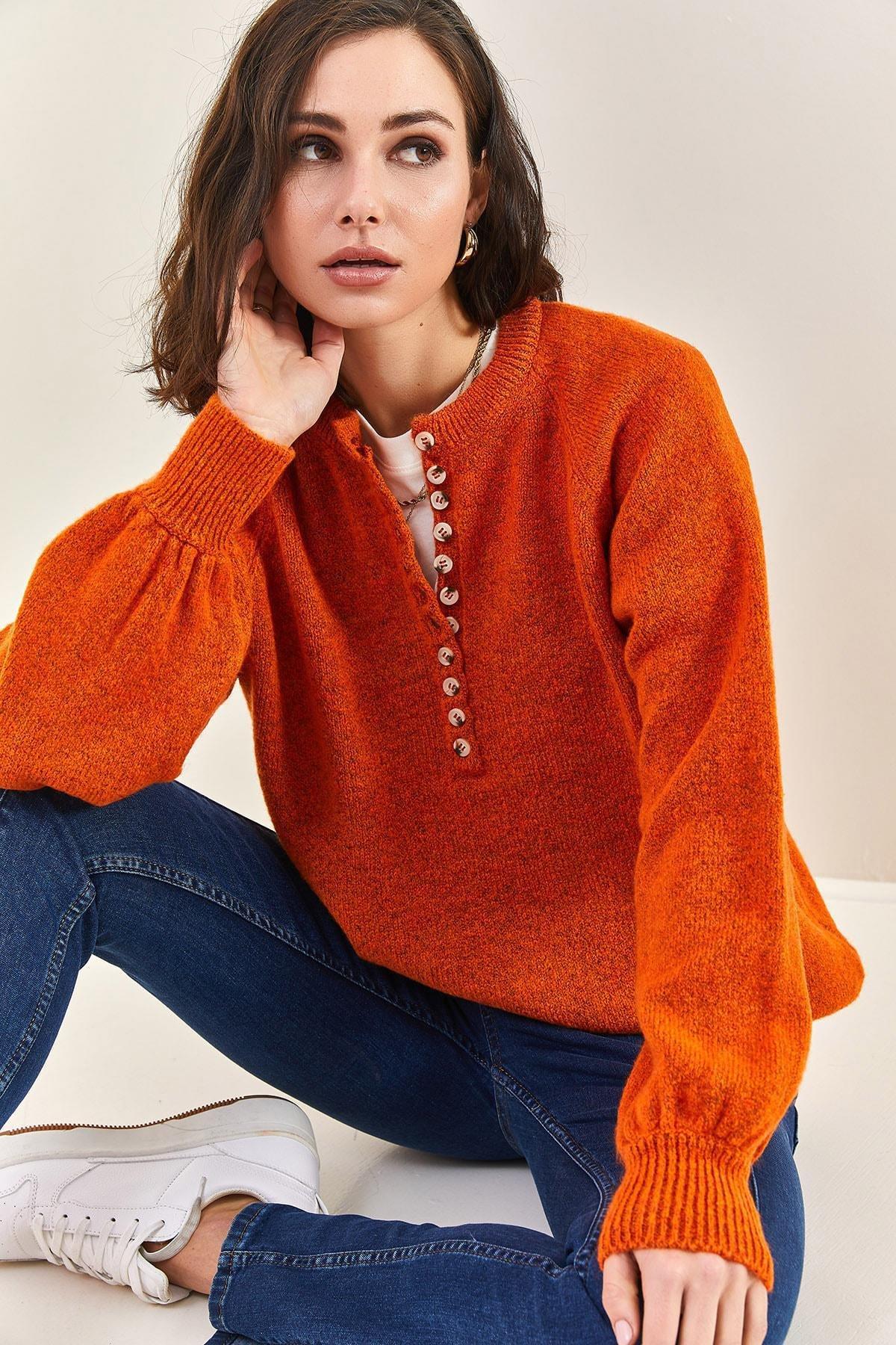 Orange Buttoned Turtleneck Knitted Sweater, Tile, large image number 0