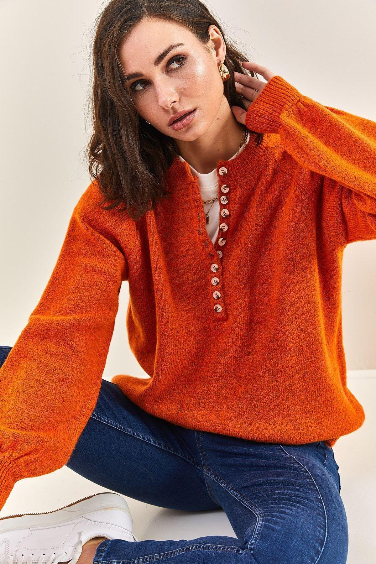 Orange Buttoned Turtleneck Knitted Sweater, Tile, large image number 1