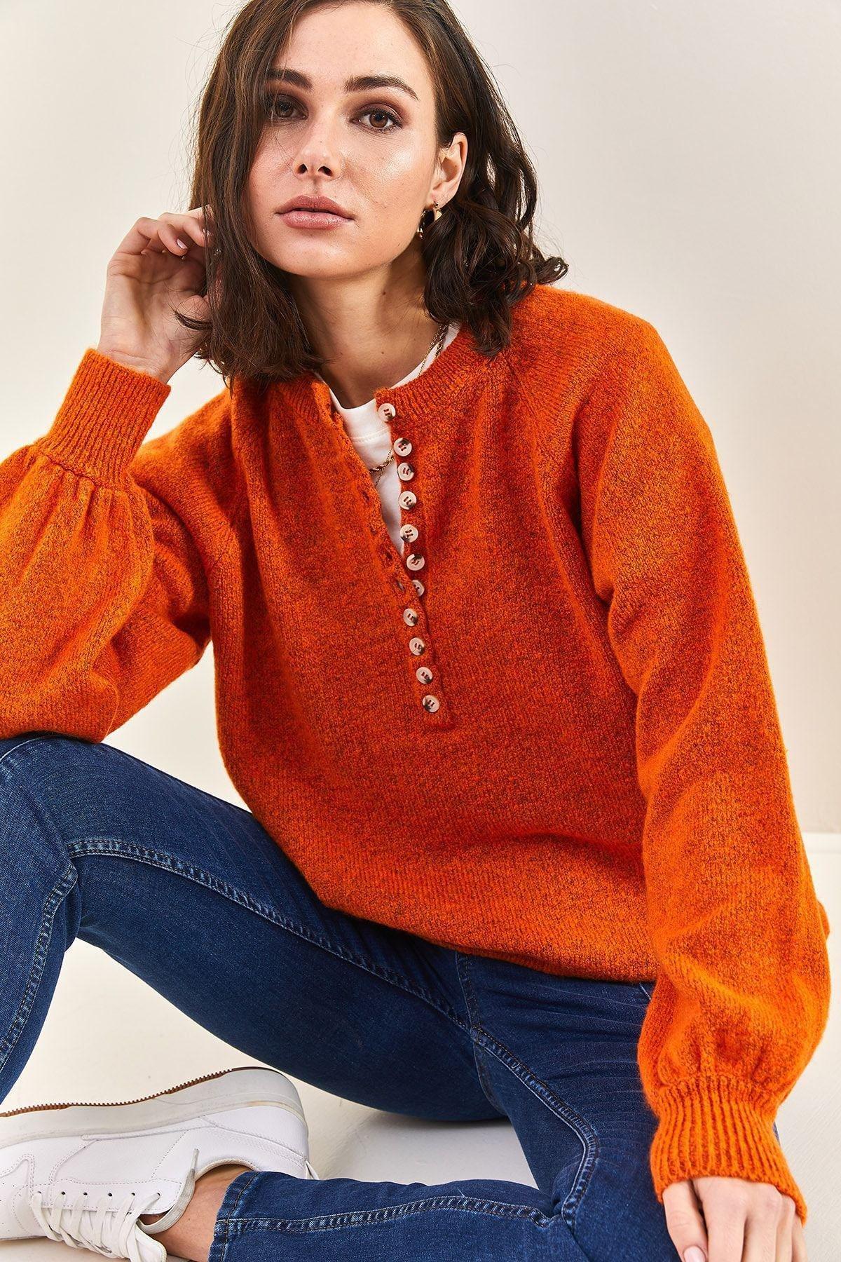 Orange Buttoned Turtleneck Knitted Sweater, Tile, large image number 2