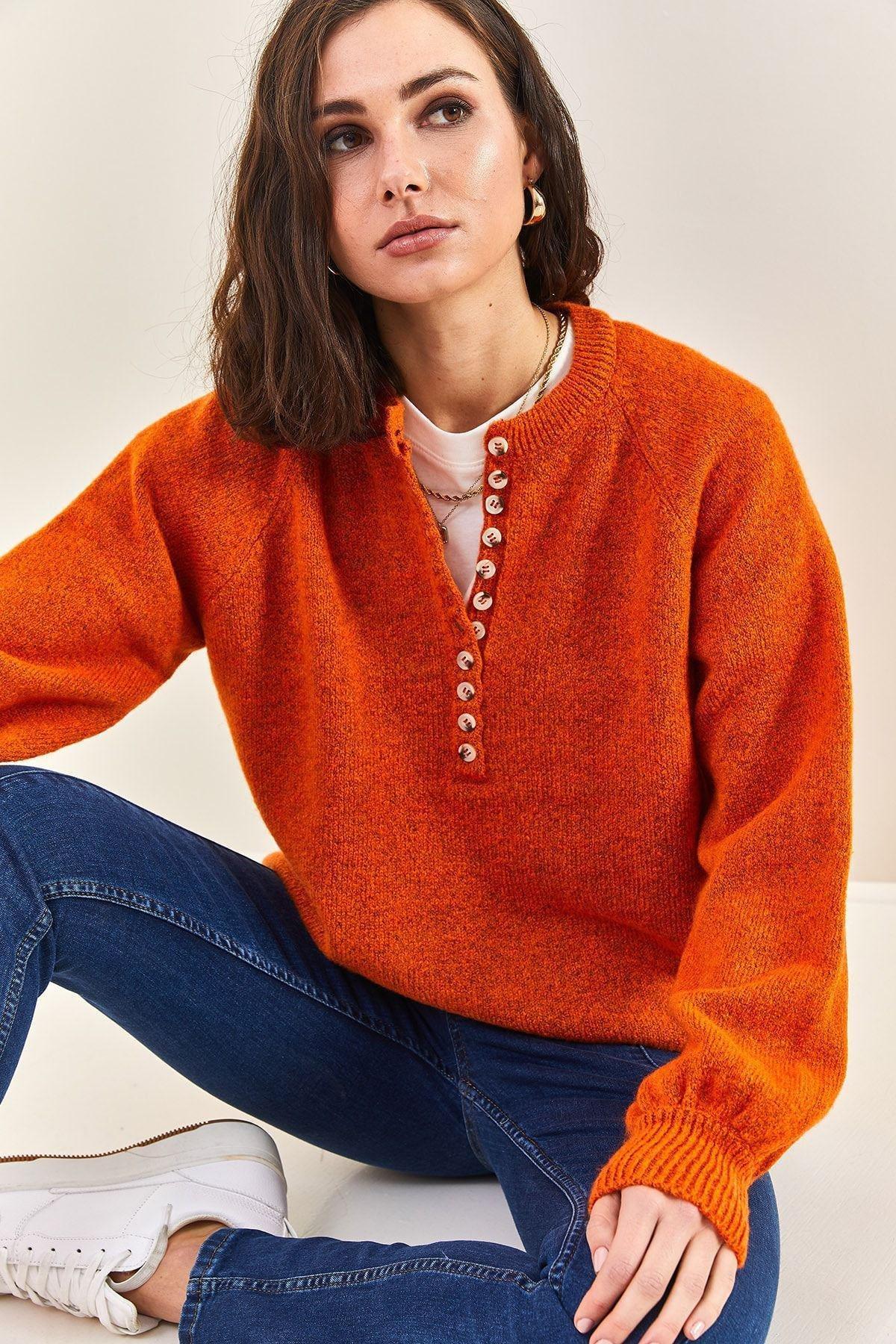 Orange Buttoned Turtleneck Knitted Sweater, Tile, large image number 4