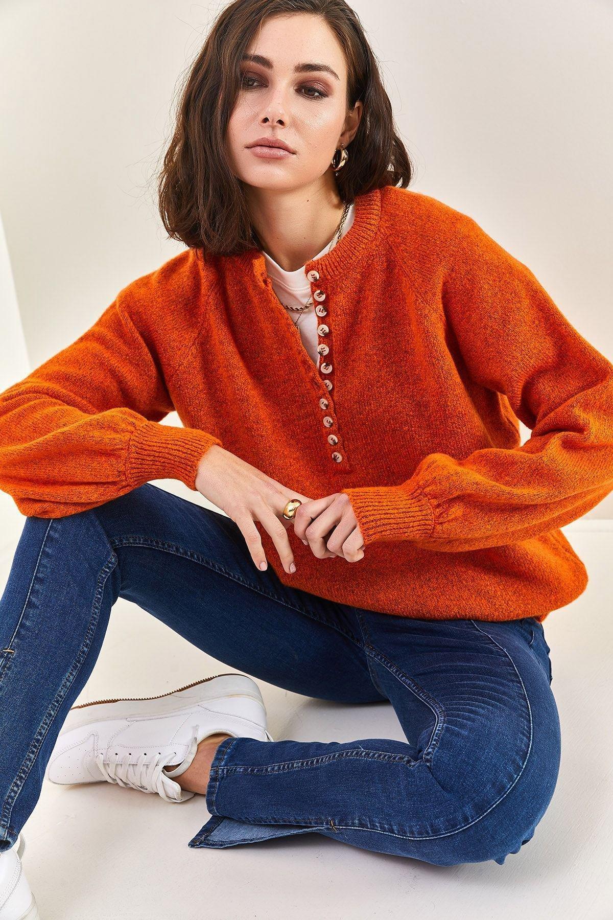 Orange Buttoned Turtleneck Knitted Sweater, Tile, large image number 5