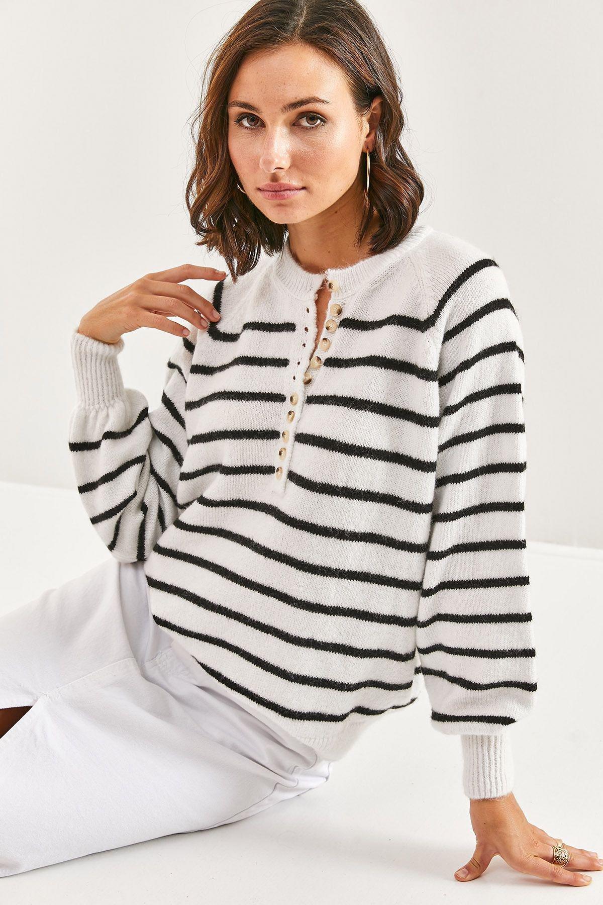 Multicolour Buttoned Collared Turtleneck Striped Sweater, C101_5715, large image number 2