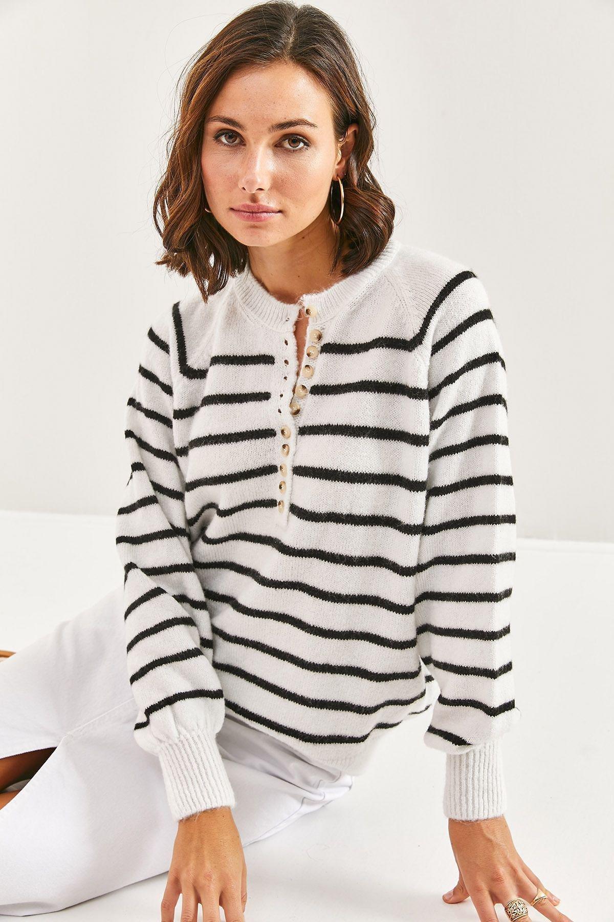 Multicolour Buttoned Collared Turtleneck Striped Sweater, C101_5715, large image number 3