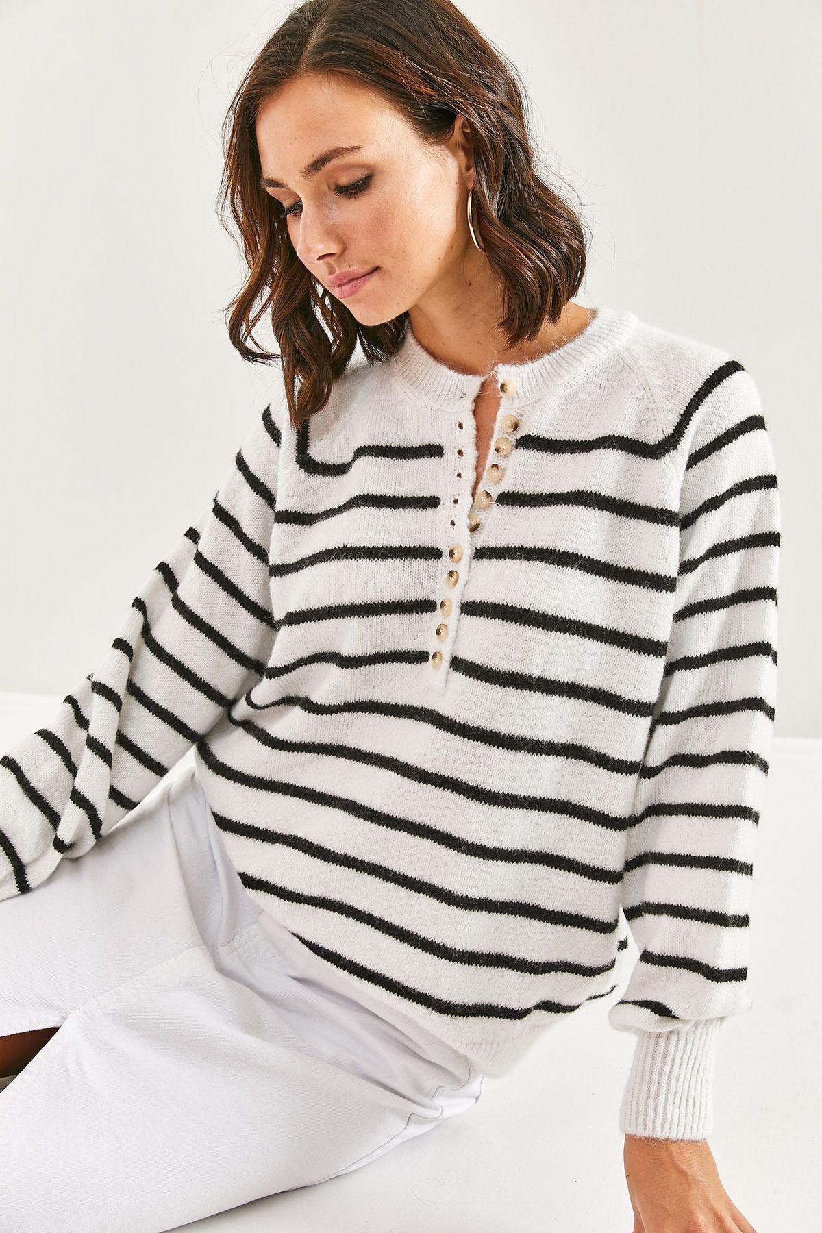 Multicolour Buttoned Collared Turtleneck Striped Sweater, C101_5715, large image number 4