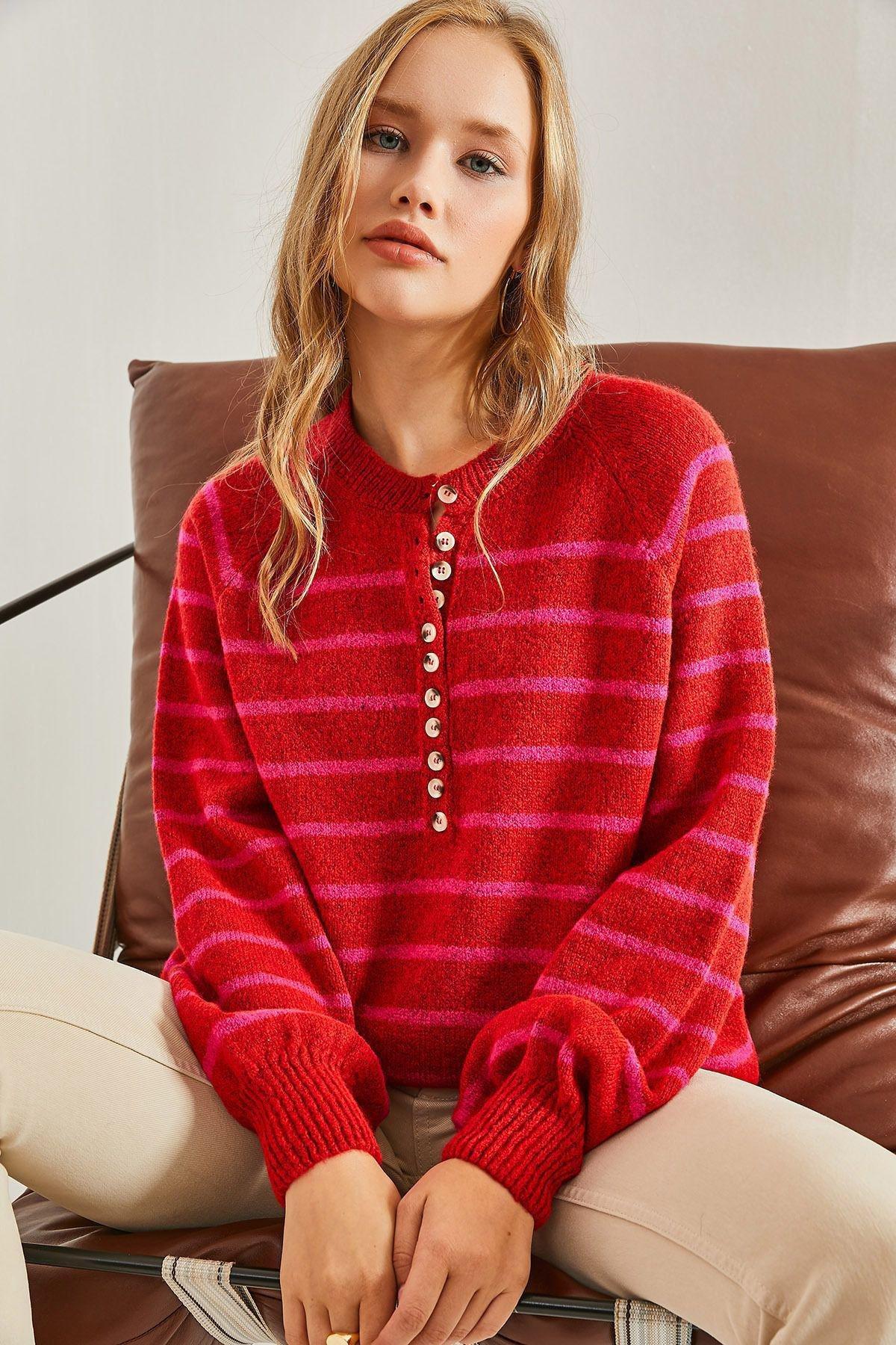 Multicolour Buttoned Collared Turtleneck Striped Sweater, C101_5718, large image number 0
