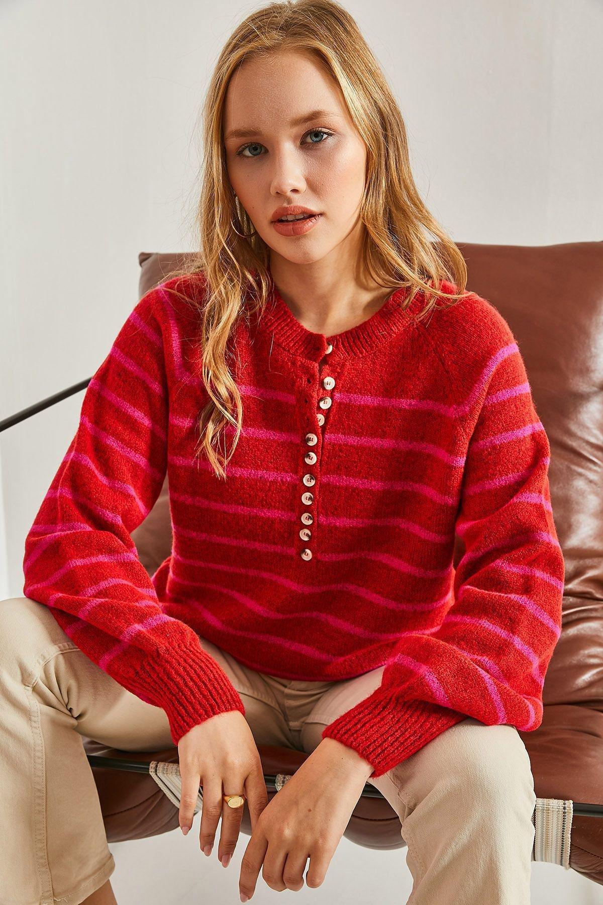 Multicolour Buttoned Collared Turtleneck Striped Sweater, C101_5718, large image number 2