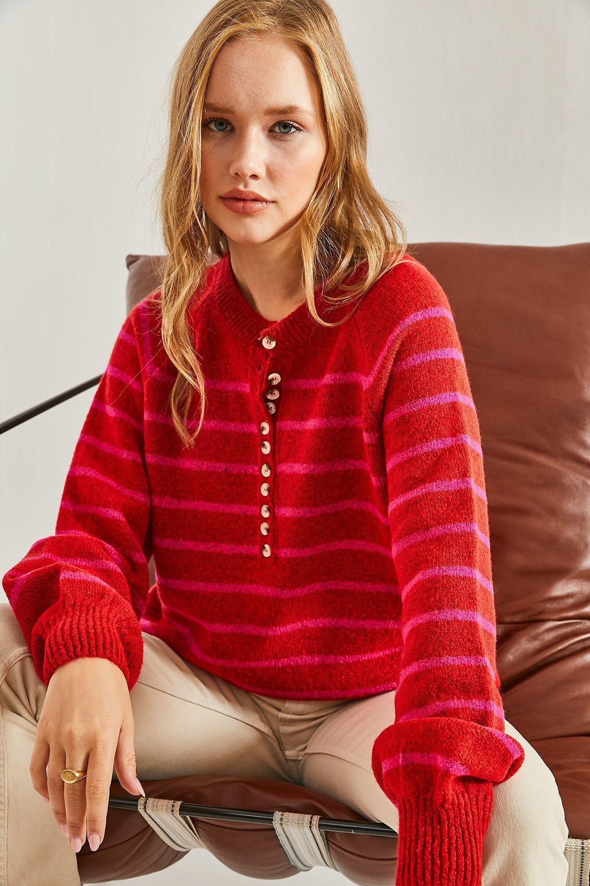 Multicolour Buttoned Collared Turtleneck Striped Sweater, C101_5718, large image number 3