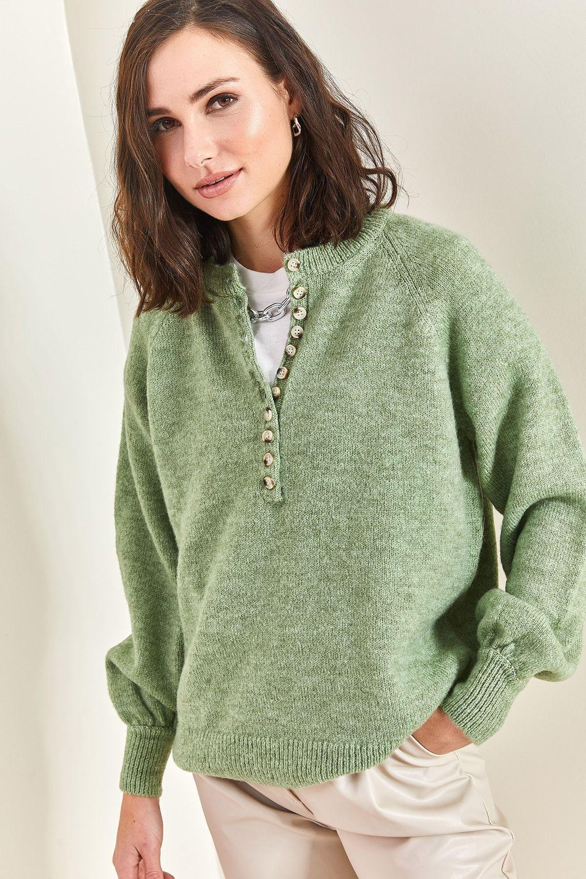 Green Buttoned Turtleneck Knitted Sweater, Water green, large image number 0