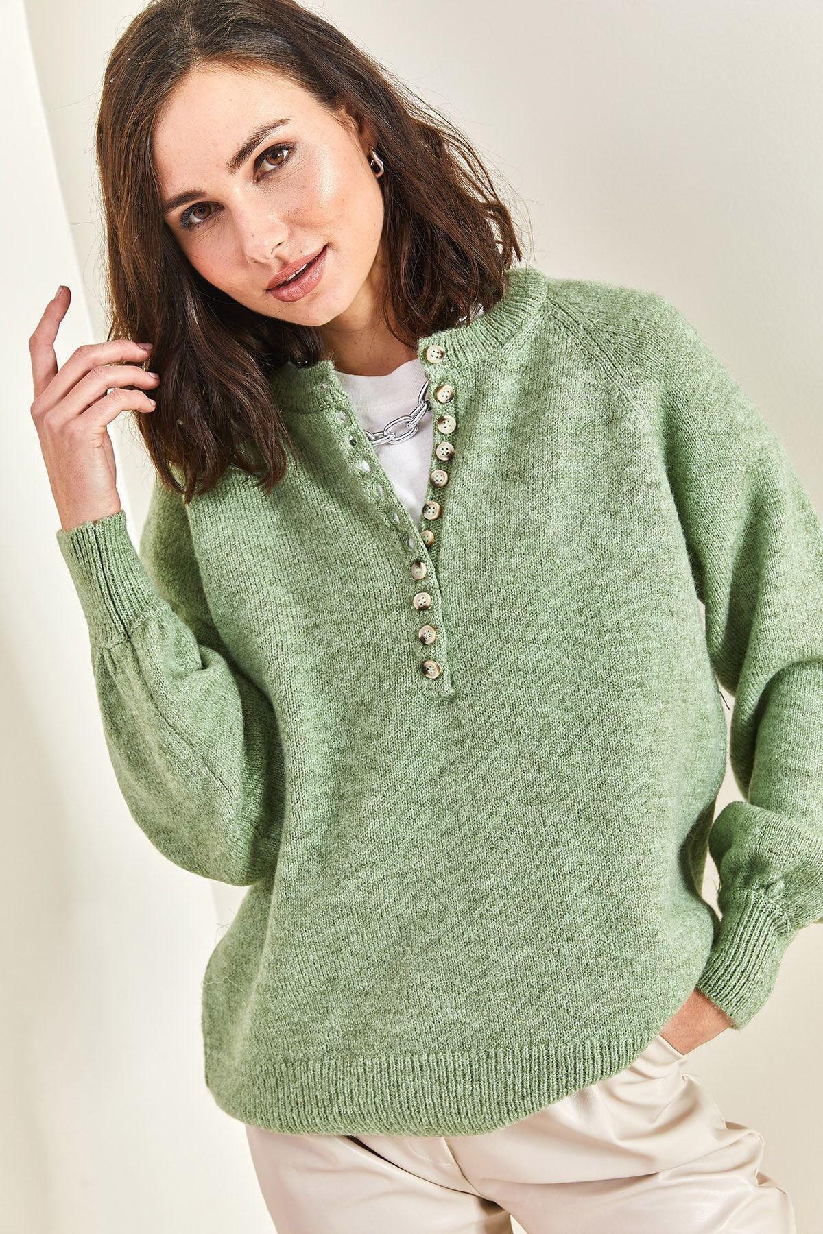 Green Buttoned Turtleneck Knitted Sweater, Water green, large image number 2