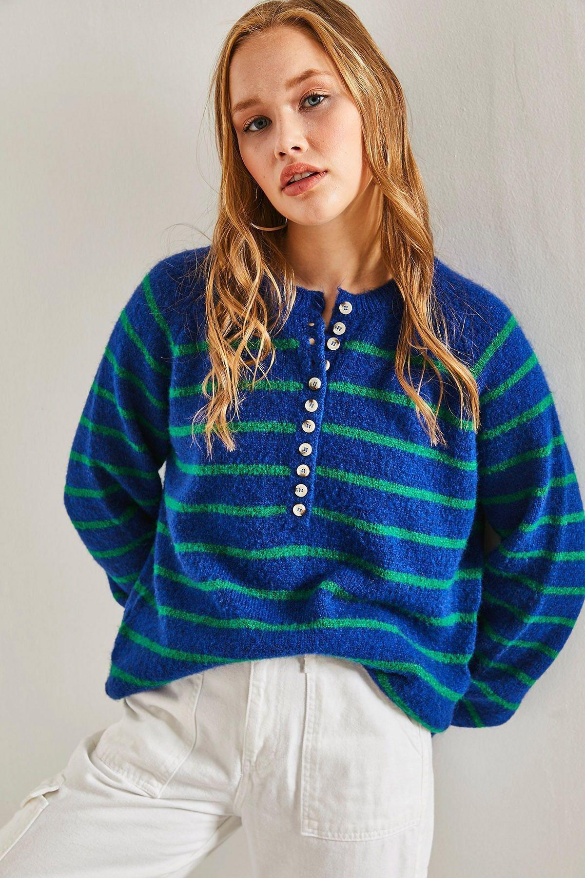 Multicolour Buttoned Collared Turtleneck Striped Sweater, C101_6715, large image number 1
