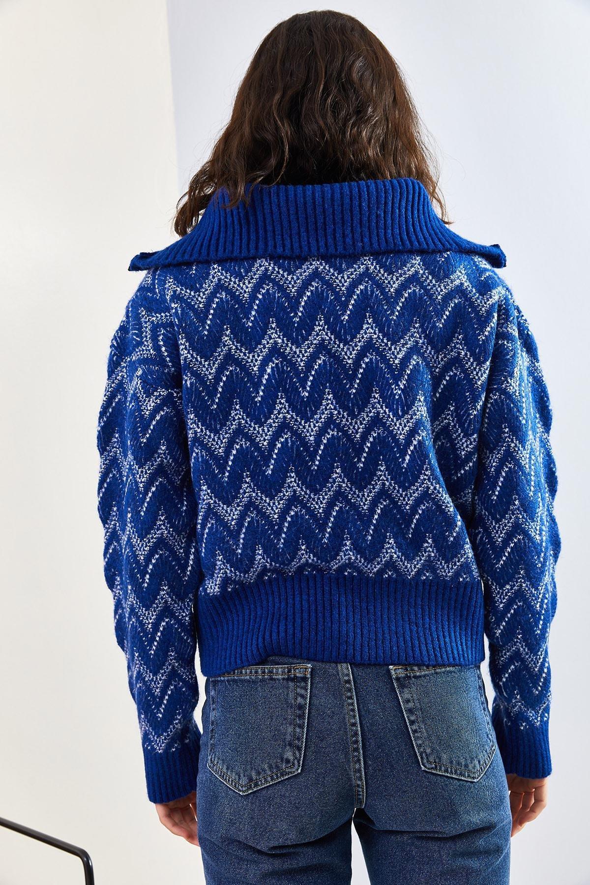Blue Zippered Patterned Knitted Sweater, Blue, large image number 1
