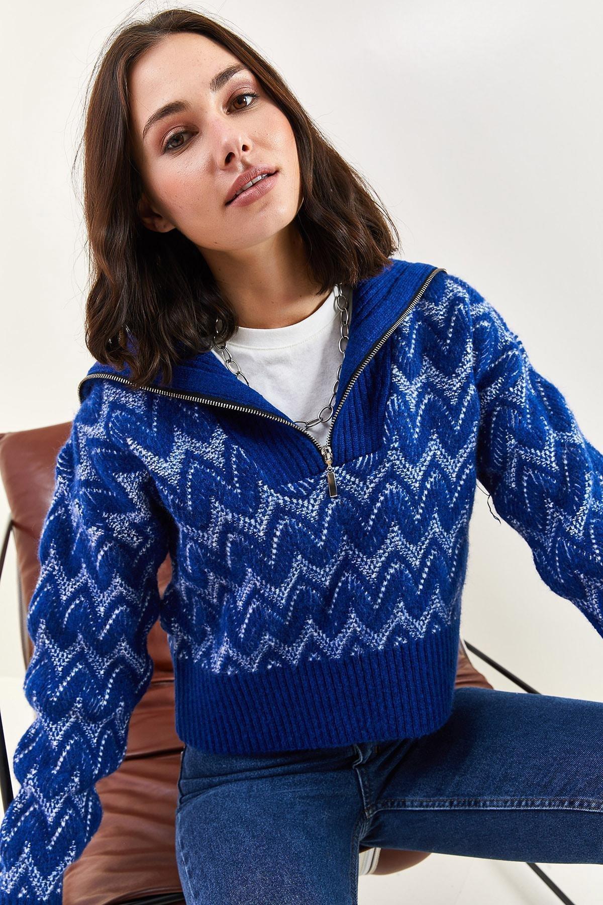 Blue Zippered Patterned Knitted Sweater, Blue, large image number 2