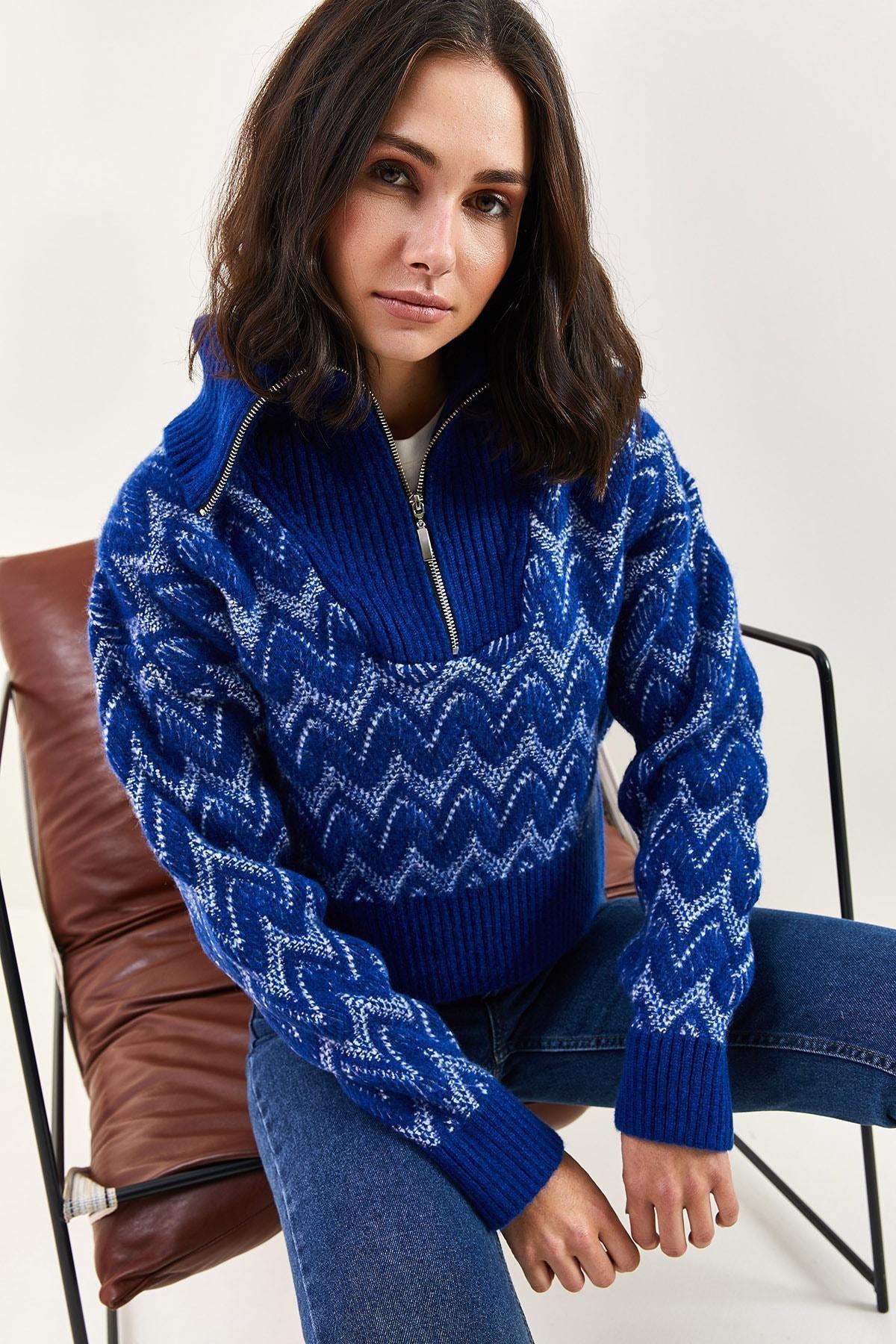 Blue Zippered Patterned Knitted Sweater, Blue, large image number 4