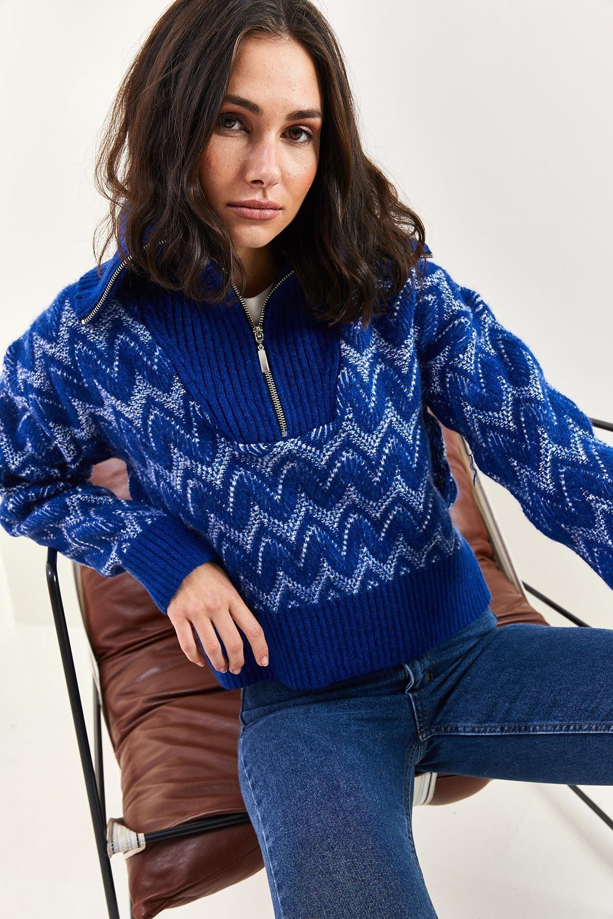 Blue Zippered Patterned Knitted Sweater, Blue, large image number 5