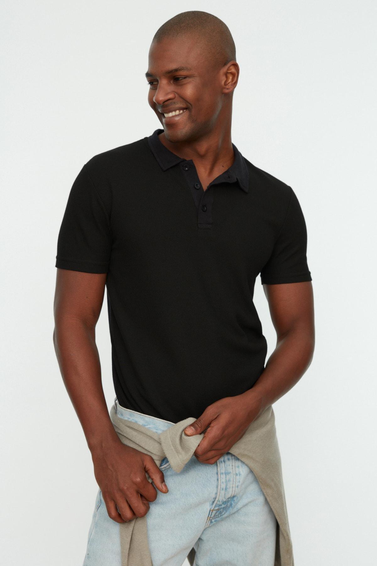 Black Slim Polo Neck T-Shirt, Black, medium