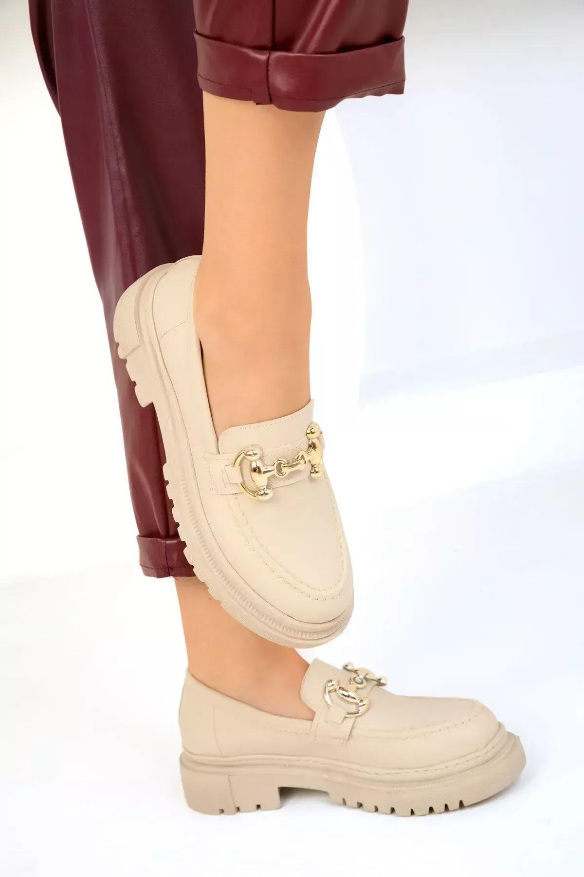Beige Chain Detailed Loafers, , medium